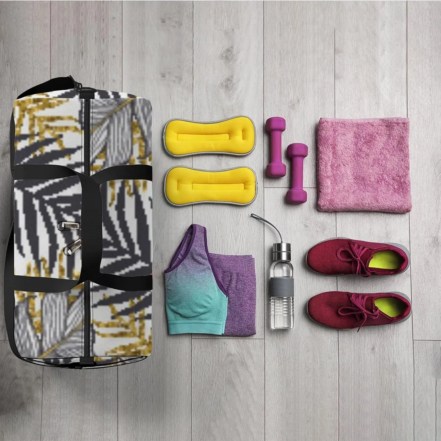 Sports Gym Bag for Women and Men Waterproof Golden Palm Leaves Pattern Duffel Bag Lightweight Carryon Traveling Boarding Gripsack