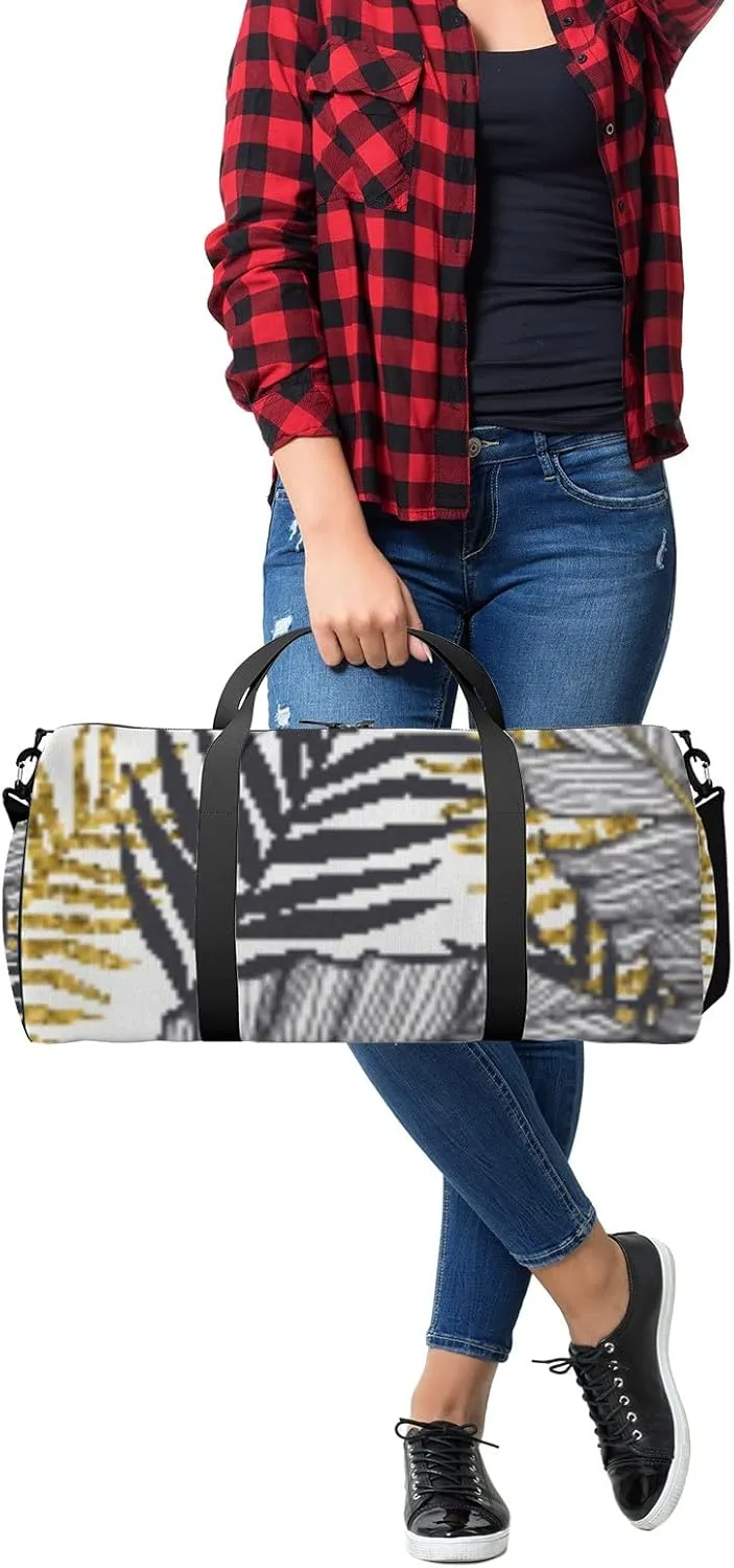 Sports Gym Bag for Women and Men Waterproof Golden Palm Leaves Pattern Duffel Bag Lightweight Carryon Traveling Boarding Gripsack
