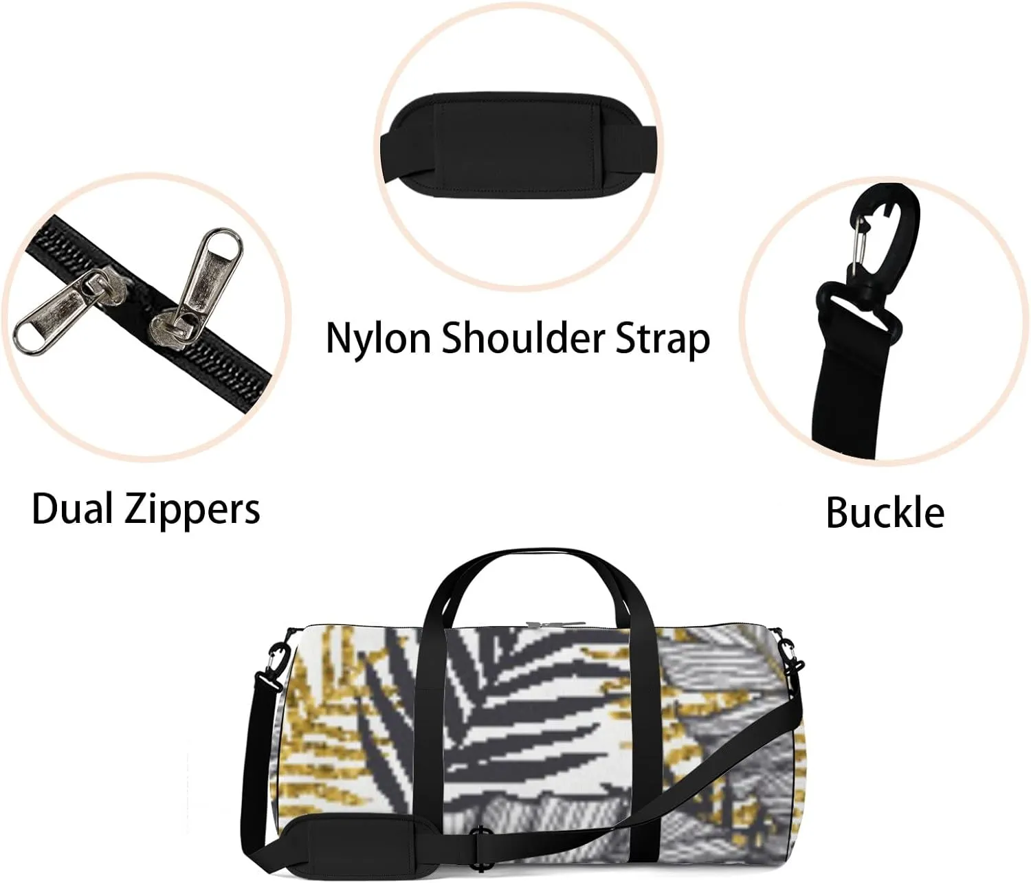 Sports Gym Bag for Women and Men Waterproof Golden Palm Leaves Pattern Duffel Bag Lightweight Carryon Traveling Boarding Gripsack