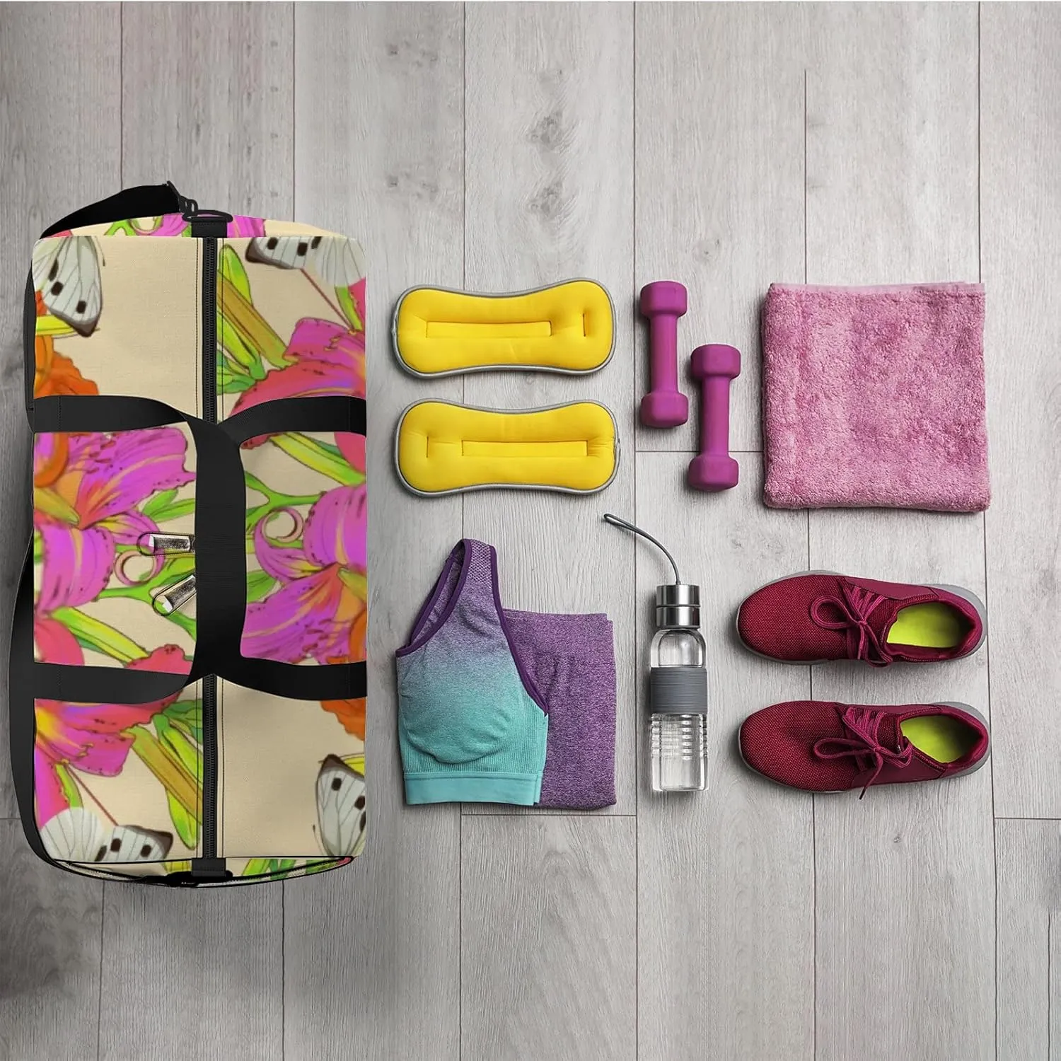 Sports Gym Bag for Women and Men Waterproof Lily Flowers Summer Pattern Duffel Bag Lightweight Carryon Traveling Boarding Gripsack