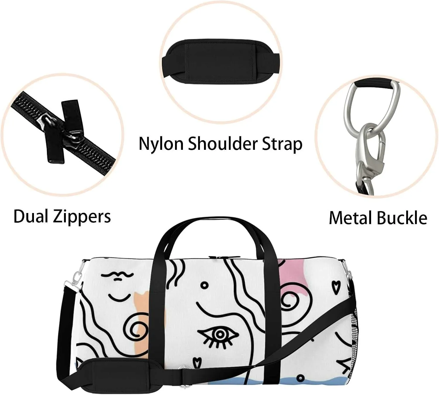 Sports Gym Bag for Women and Men Waterproof Modern Pattern Female Faces Duffel Bag Lightweight Carryon Traveling Boarding Gripsack