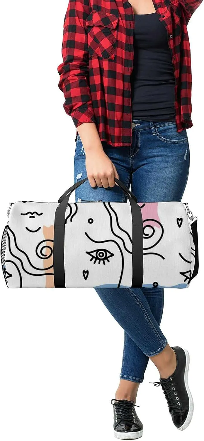 Sports Gym Bag for Women and Men Waterproof Modern Pattern Female Faces Duffel Bag Lightweight Carryon Traveling Boarding Gripsack