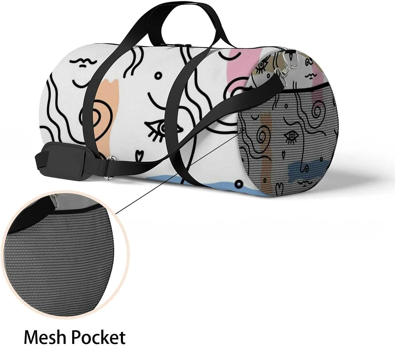 Sports Gym Bag for Women and Men Waterproof Modern Pattern Female Faces Duffel Bag Lightweight Carryon Traveling Boarding Gripsack