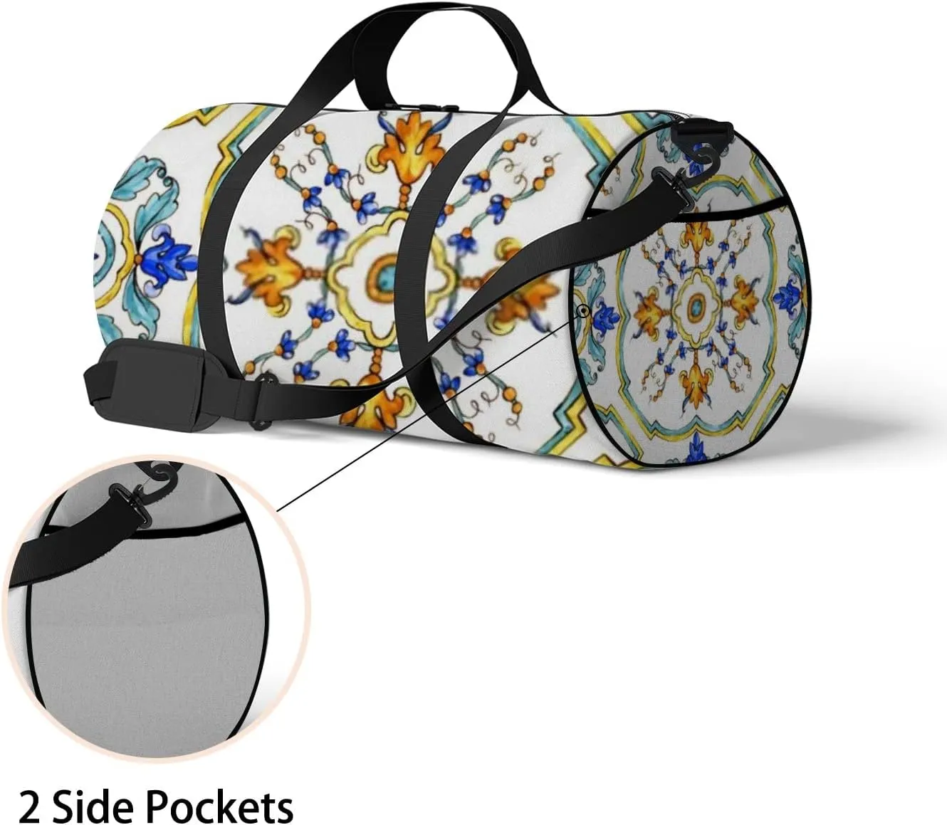 Sports Gym Bag for Women and Men Waterproof Ornament on Tiles Blue Duffel Bag Lightweight Carryon Traveling Boarding Gripsack