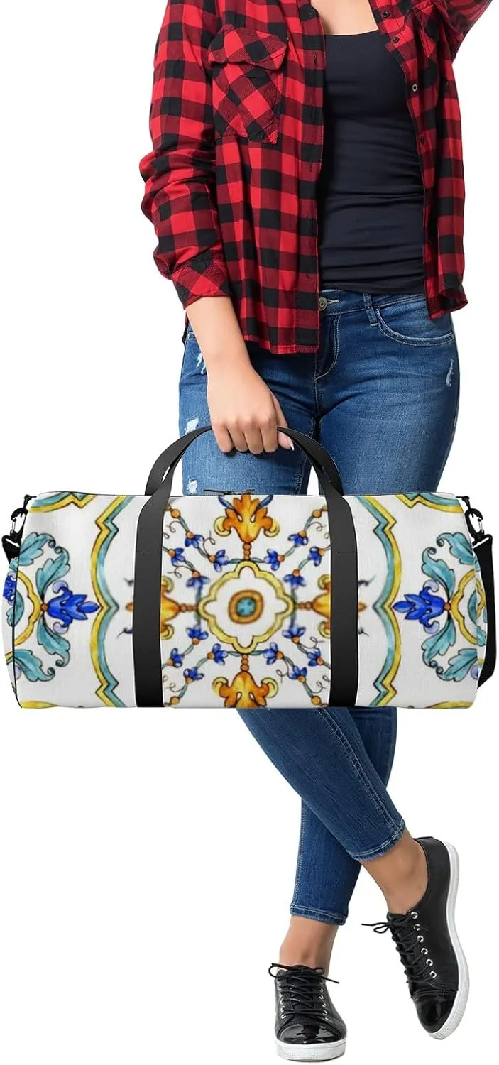 Sports Gym Bag for Women and Men Waterproof Ornament on Tiles Blue Duffel Bag Lightweight Carryon Traveling Boarding Gripsack