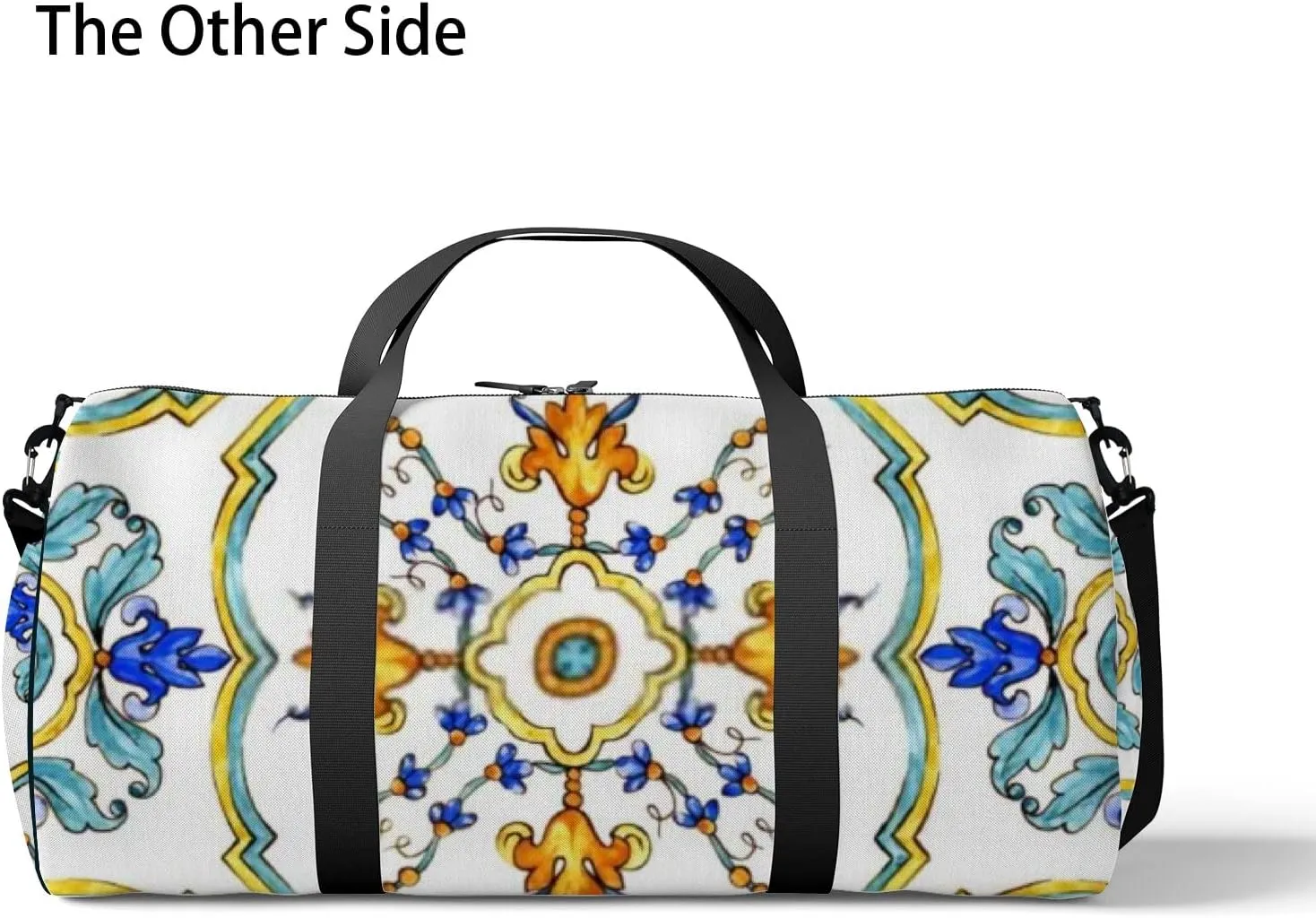 Sports Gym Bag for Women and Men Waterproof Ornament on Tiles Blue Duffel Bag Lightweight Carryon Traveling Boarding Gripsack