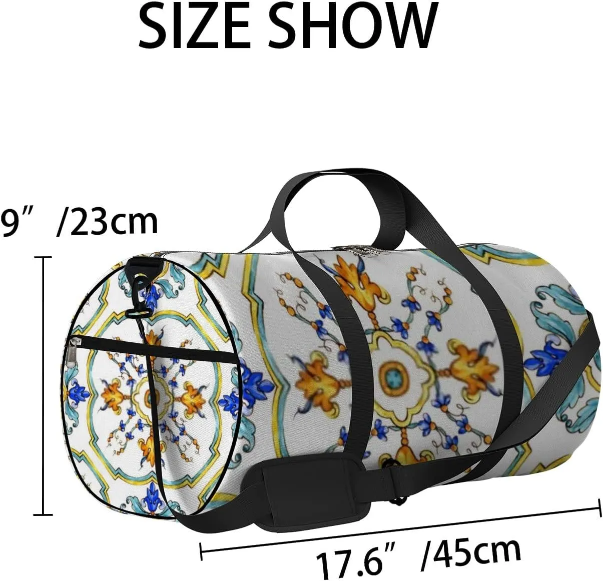 Sports Gym Bag for Women and Men Waterproof Ornament on Tiles Blue Duffel Bag Lightweight Carryon Traveling Boarding Gripsack