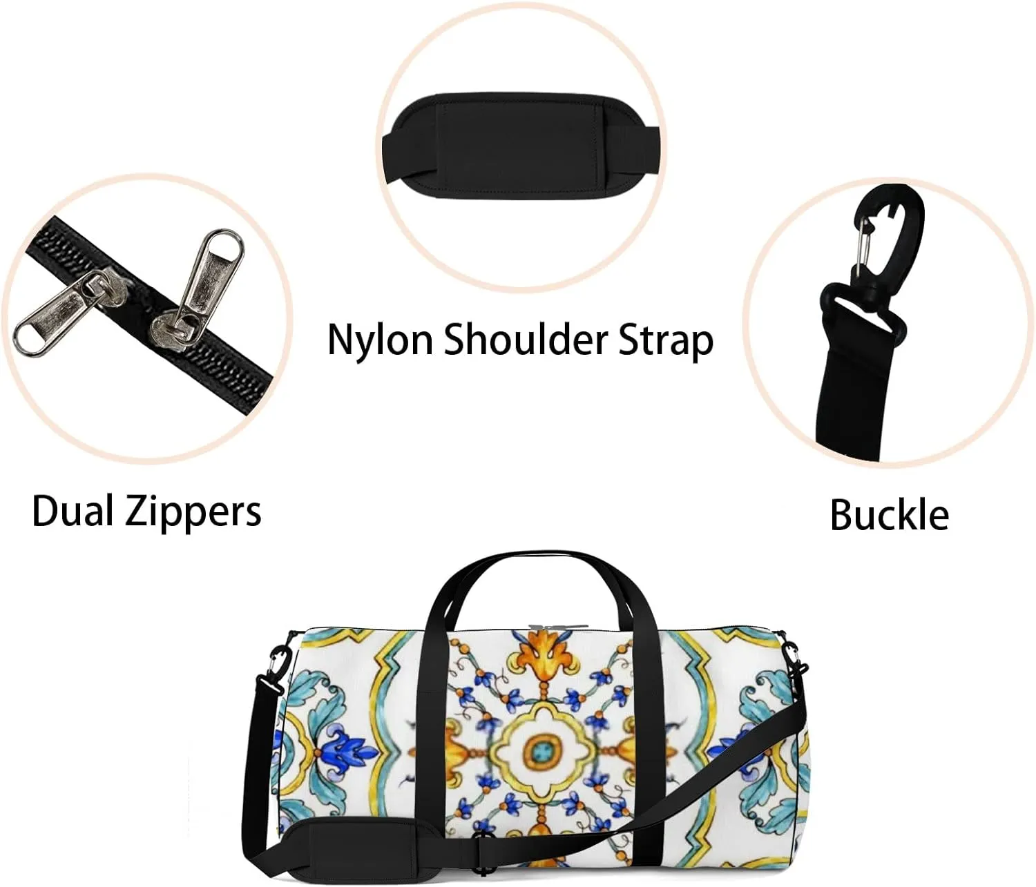 Sports Gym Bag for Women and Men Waterproof Ornament on Tiles Blue Duffel Bag Lightweight Carryon Traveling Boarding Gripsack