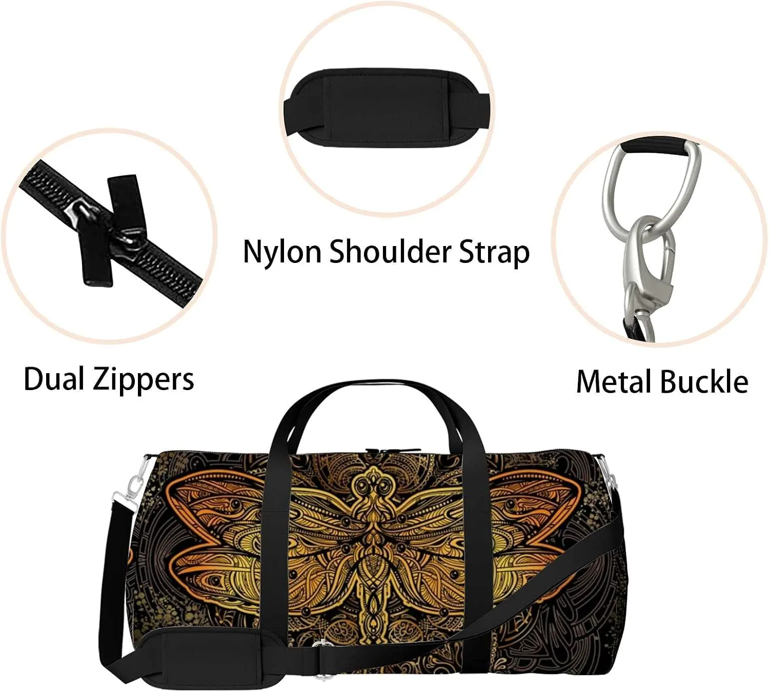 Sports Gym Bag for Women and Men Waterproof Pattern Golden Ornate Stylized Duffel Bag Lightweight Carryon Traveling Boarding Gripsack