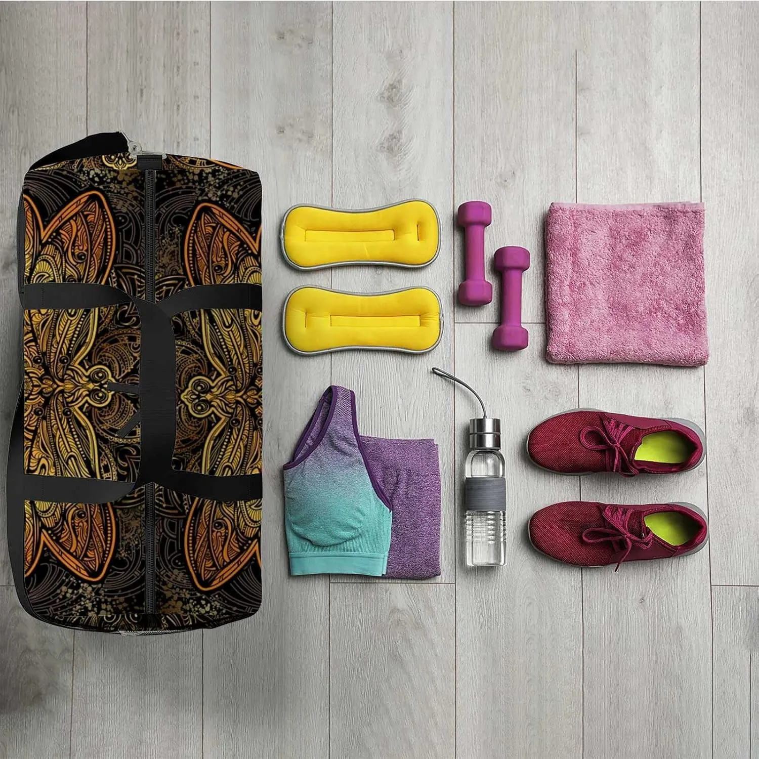 Sports Gym Bag for Women and Men Waterproof Pattern Golden Ornate Stylized Duffel Bag Lightweight Carryon Traveling Boarding Gripsack