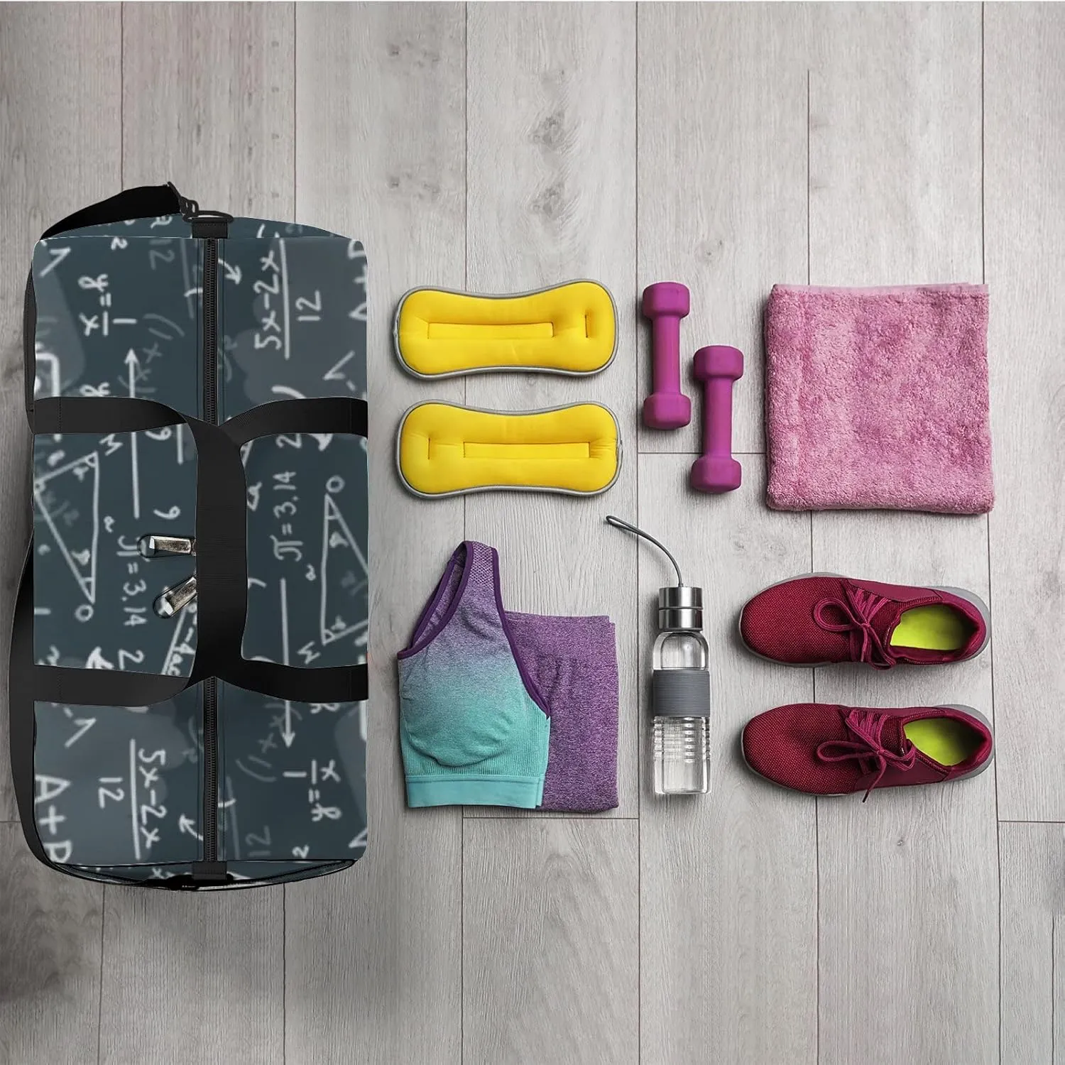 Sports Gym Bag for Women and Men Waterproof Sketch Geometrical Pattern Black Duffel Bag Lightweight Carryon Traveling Boarding Gripsack