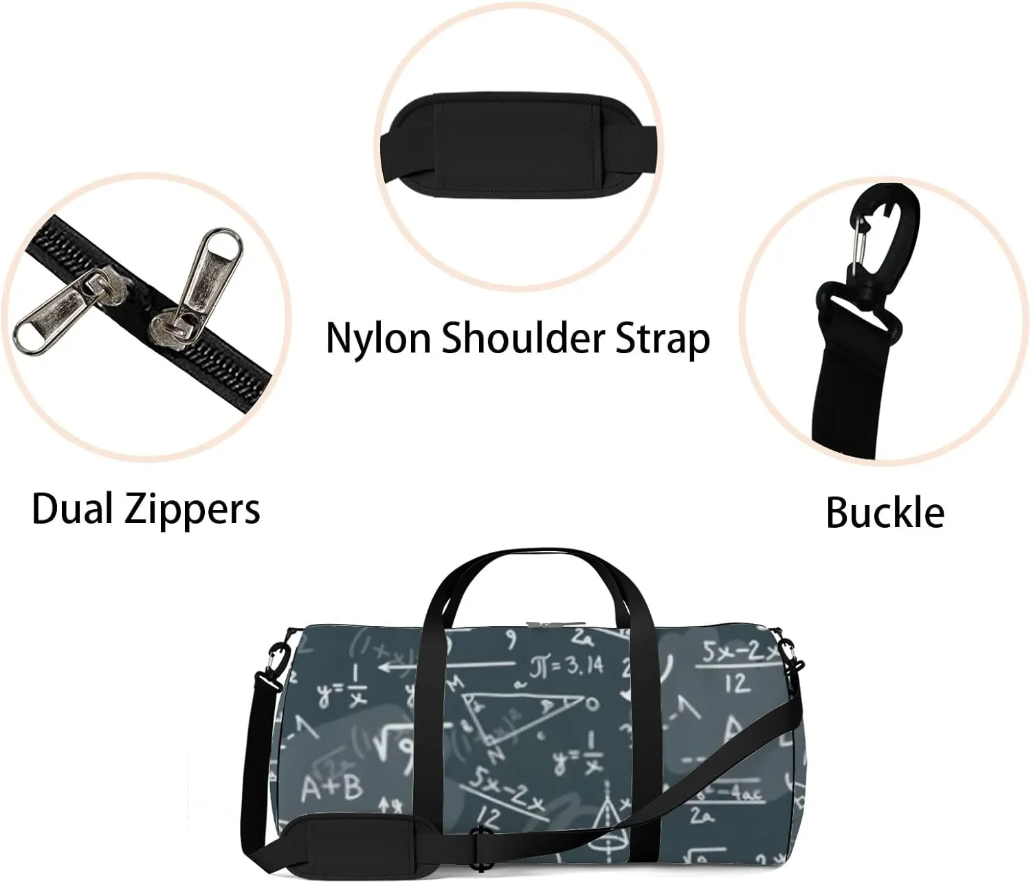 Sports Gym Bag for Women and Men Waterproof Sketch Geometrical Pattern Black Duffel Bag Lightweight Carryon Traveling Boarding Gripsack