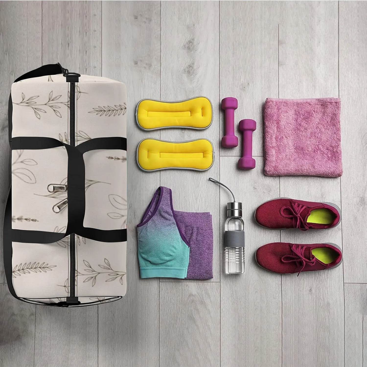 Sports Gym Bag for Women and Men Waterproof Sketch Leaves Duffel Bag Lightweight Carryon Traveling Boarding Gripsack