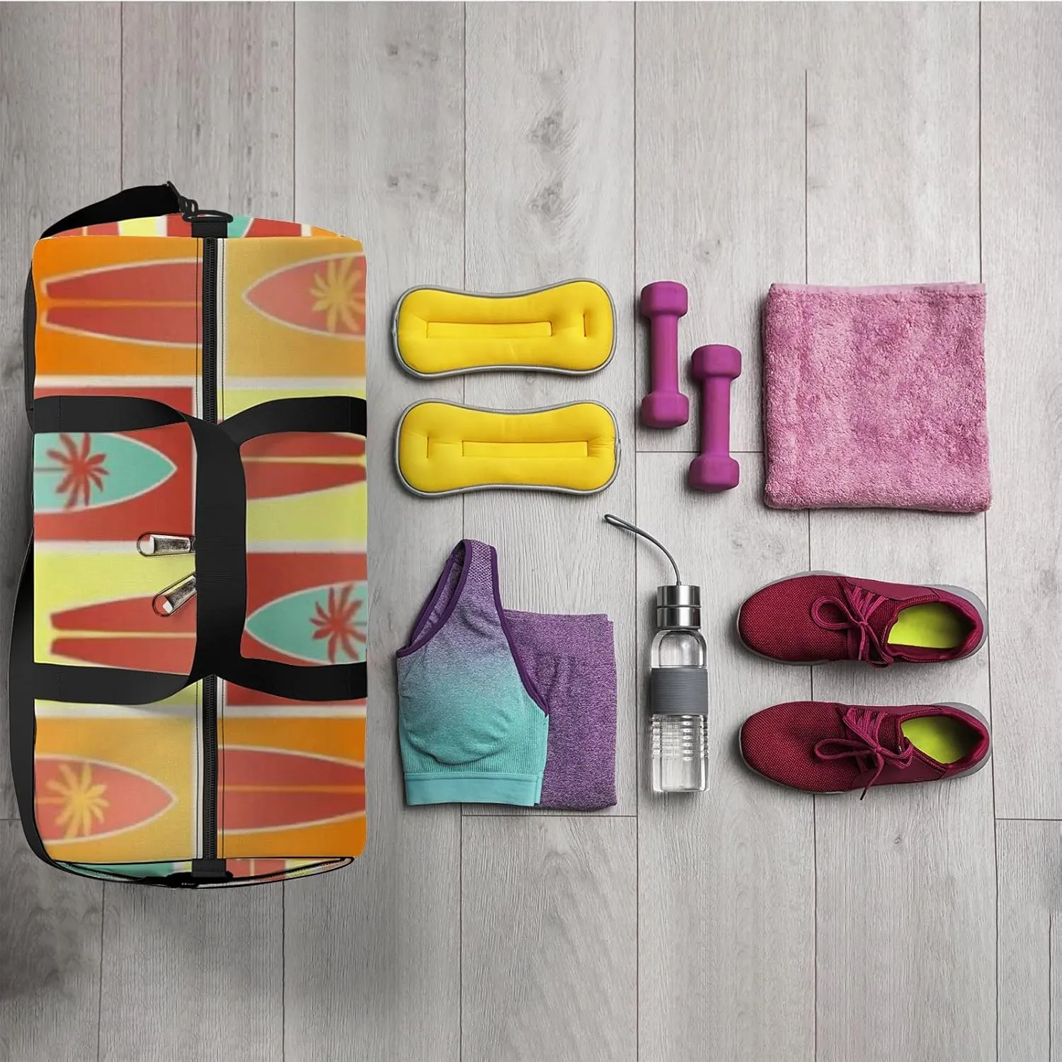 Sports Gym Bag for Women and Men Waterproof Summer Surfboards Palm Tree Duffel Bag Lightweight Carryon Traveling Boarding Gripsack