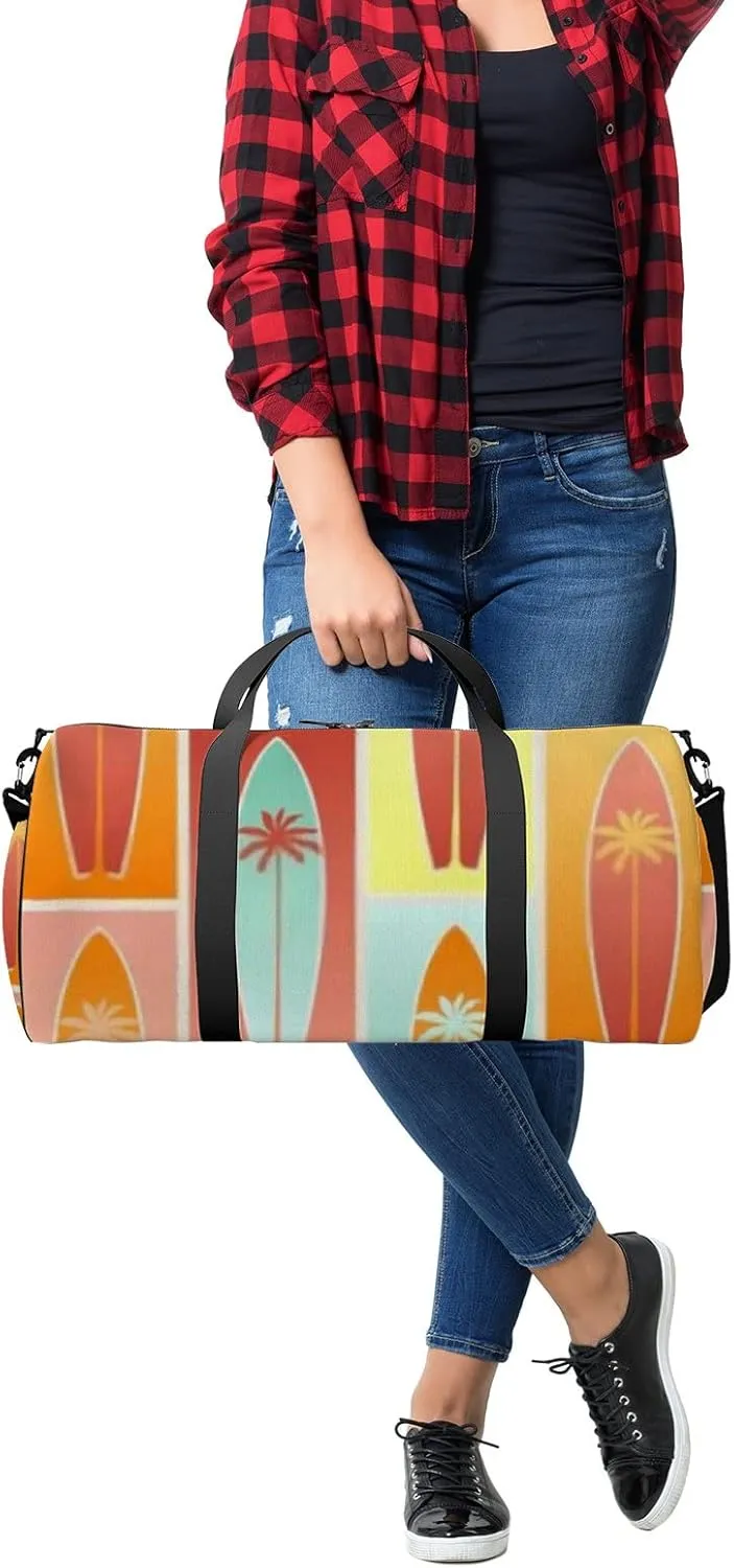 Sports Gym Bag for Women and Men Waterproof Summer Surfboards Palm Tree Duffel Bag Lightweight Carryon Traveling Boarding Gripsack