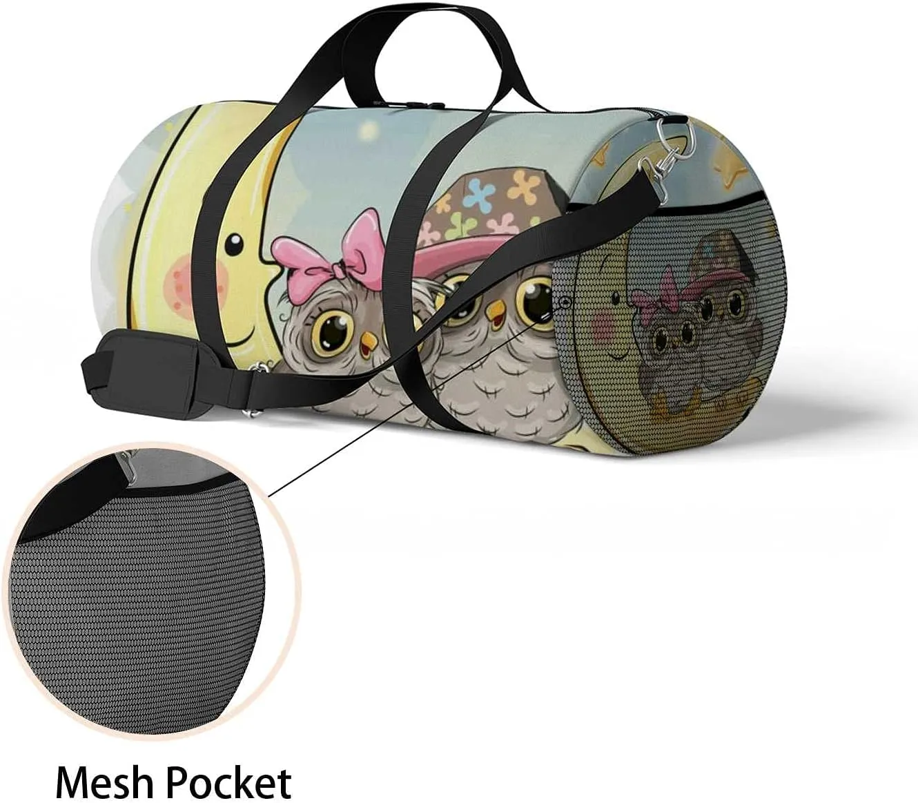 Sports Gym Bag for Women and Men Waterproof Two Cute Owls Is Sitting On The Moon Duffel Bag Lightweight Carryon Traveling Boarding Gripsack