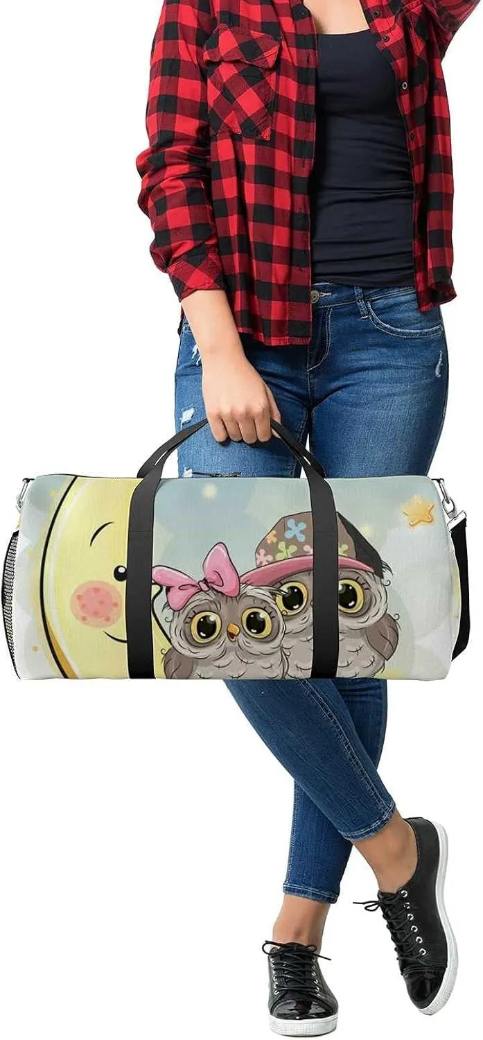 Sports Gym Bag for Women and Men Waterproof Two Cute Owls Is Sitting On The Moon Duffel Bag Lightweight Carryon Traveling Boarding Gripsack