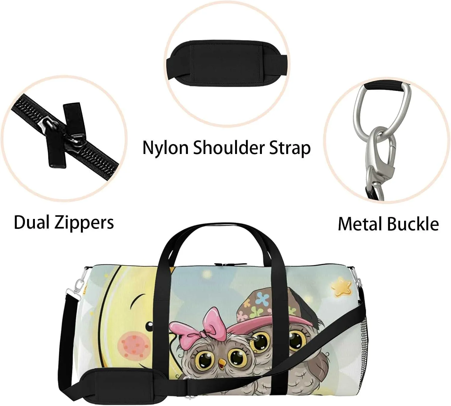 Sports Gym Bag for Women and Men Waterproof Two Cute Owls Is Sitting On The Moon Duffel Bag Lightweight Carryon Traveling Boarding Gripsack