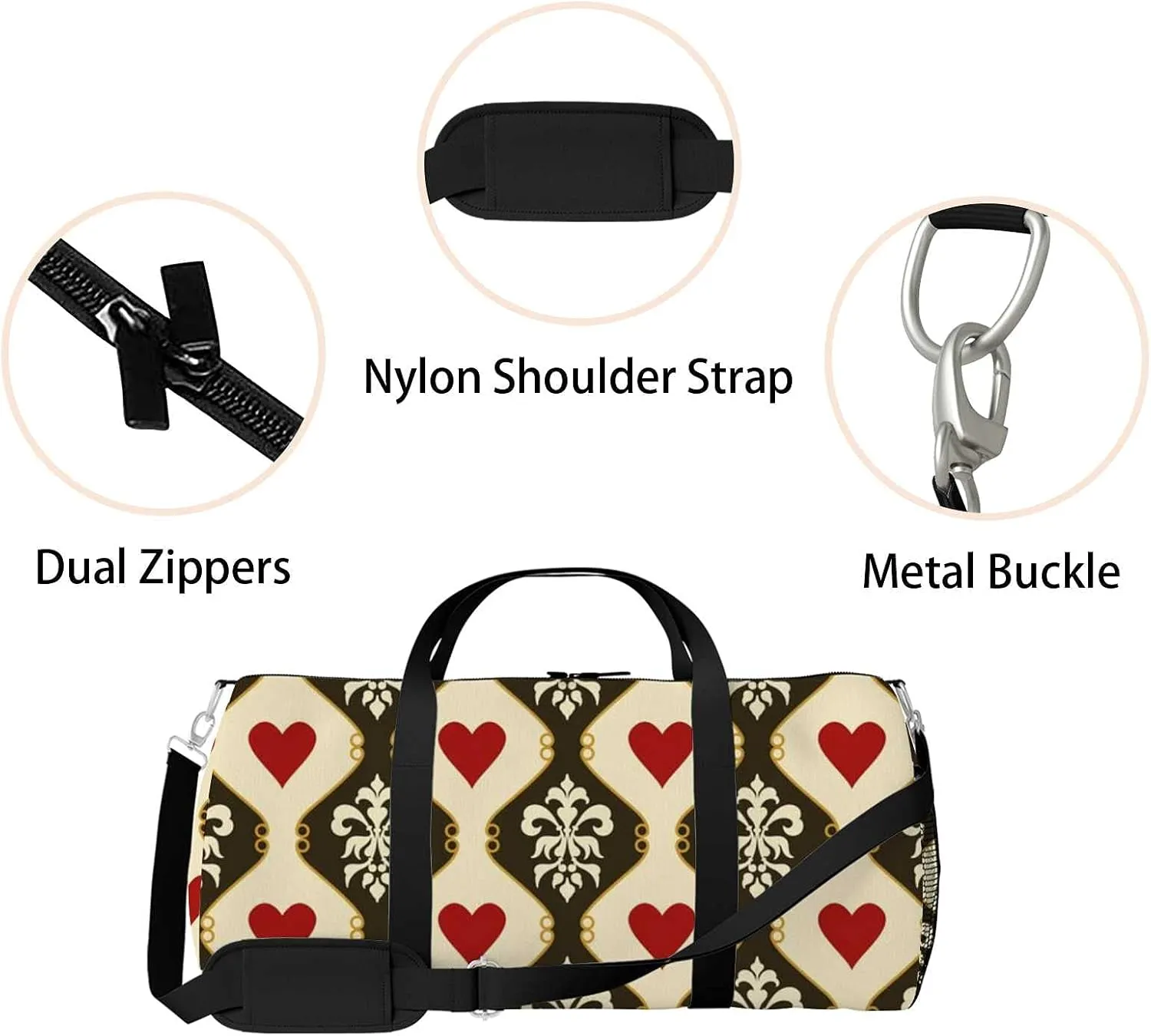 Sports Gym Bag for Women and Men Waterproof Victorian Hearts Duffel Bag Lightweight Carryon Traveling Boarding Gripsack