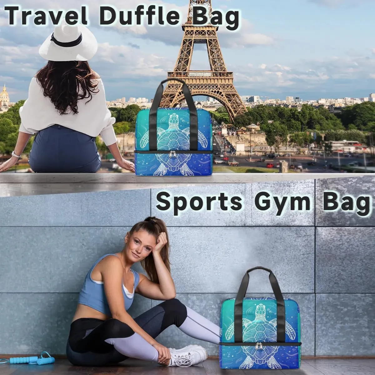 Sports Gym Bag Ocean Turtle Travel Duffel Bag Waterproof Lightweight Swim Bag Travel Tote Luggage Weekender Overnight Handbag Workout Bag with Shoes Compartment for Women Men