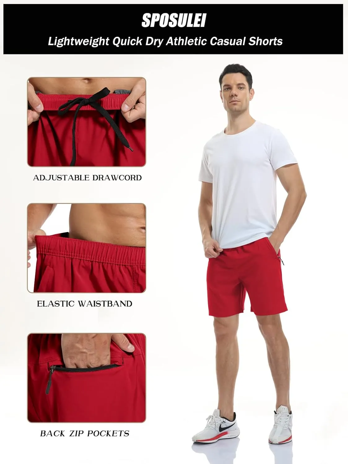 SPOSULEI Men's Athletic Hiking Shorts Water Resistant Quick-Dry Lightweight Outdoor Sweat Shorts with Zipper Pockets