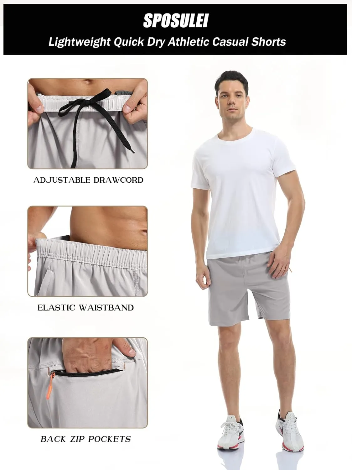 SPOSULEI Men's Athletic Hiking Shorts Water Resistant Quick-Dry Lightweight Outdoor Sweat Shorts with Zipper Pockets
