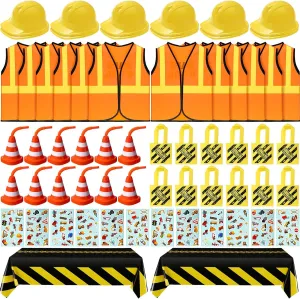 Sratte 62 Pcs Construction Birthday Party Supplies Set Kids Construction Dress up Set Including Vest, Hat, Tote Bag, Tablecloth, Traffic Cone Cups and Stickers for Themed Birthday Dress up Party Decor