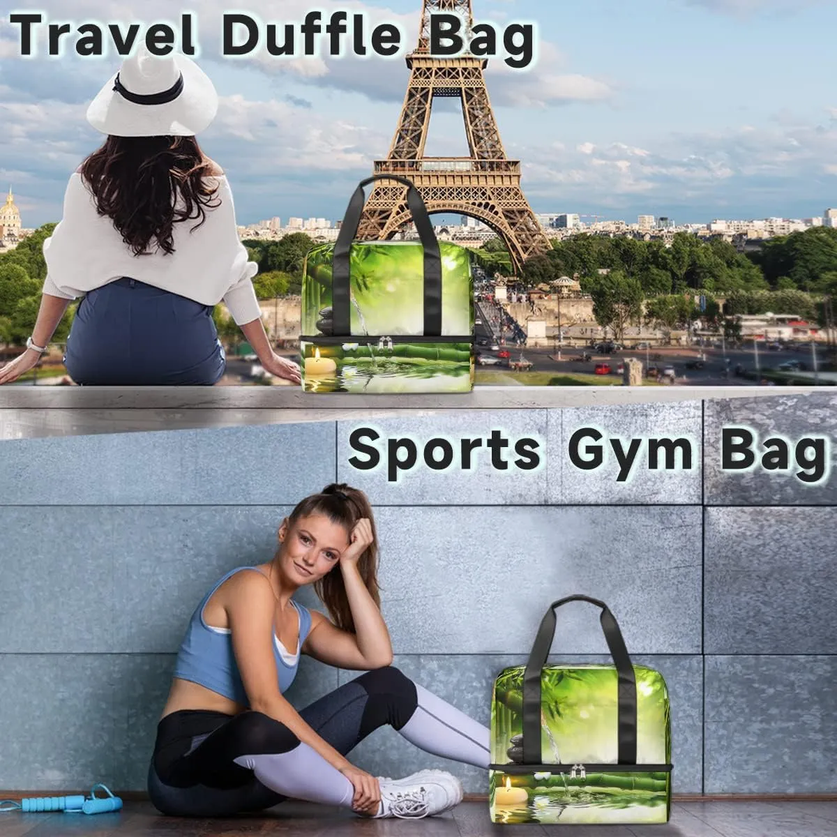 St Bamboo Travel Duffel Bag Sports Tote Gym Bag, Double layer Large Waterproof Overnight Shoulder Weekender Bag for Women Men