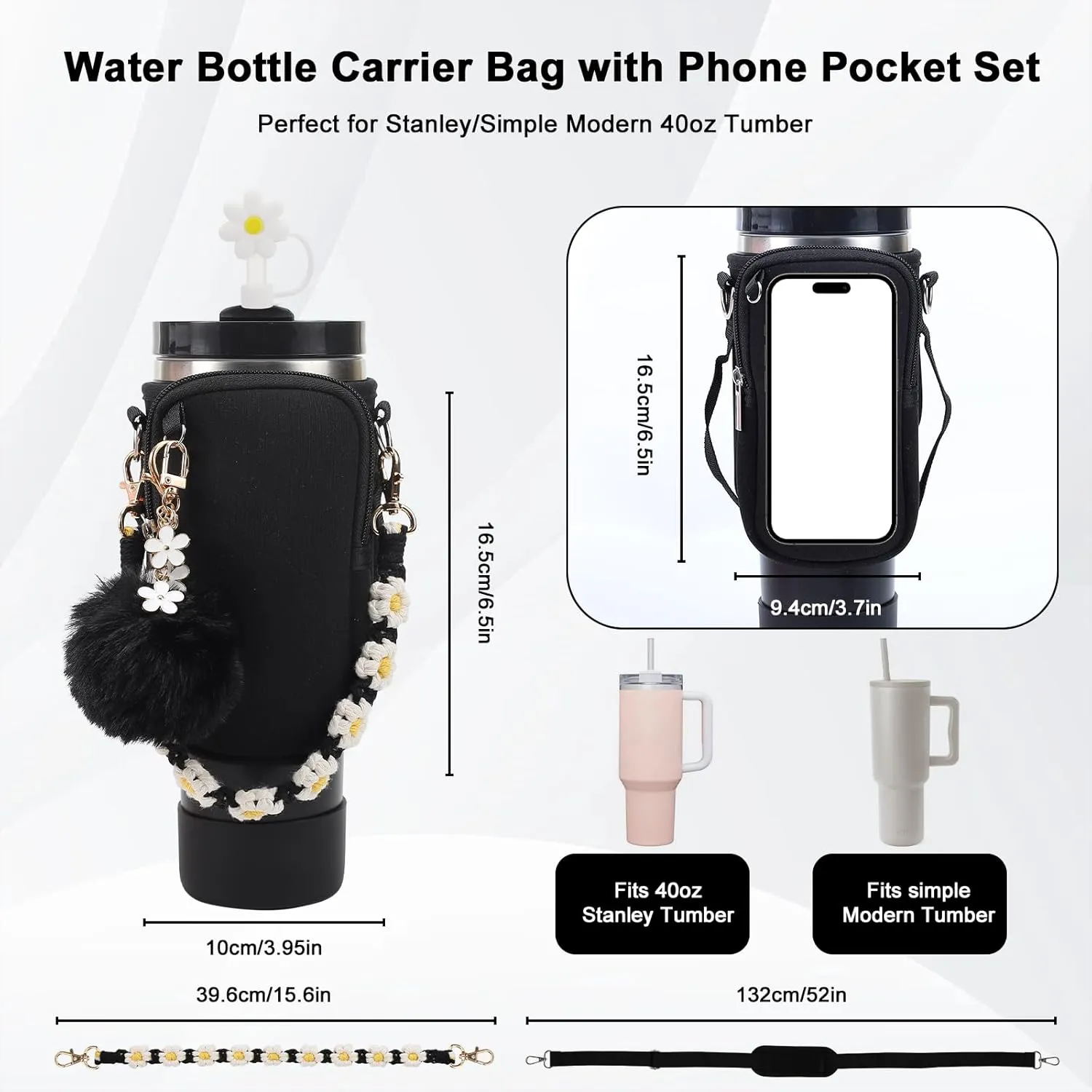 Stanley Cup Accessories Set Including Water Bottle Carrier Bag,Water Bottle Holder with Strap,Straw Cover,Stanley Charms,Silicone Boot for Stanley 40oz 30oz Tumbler