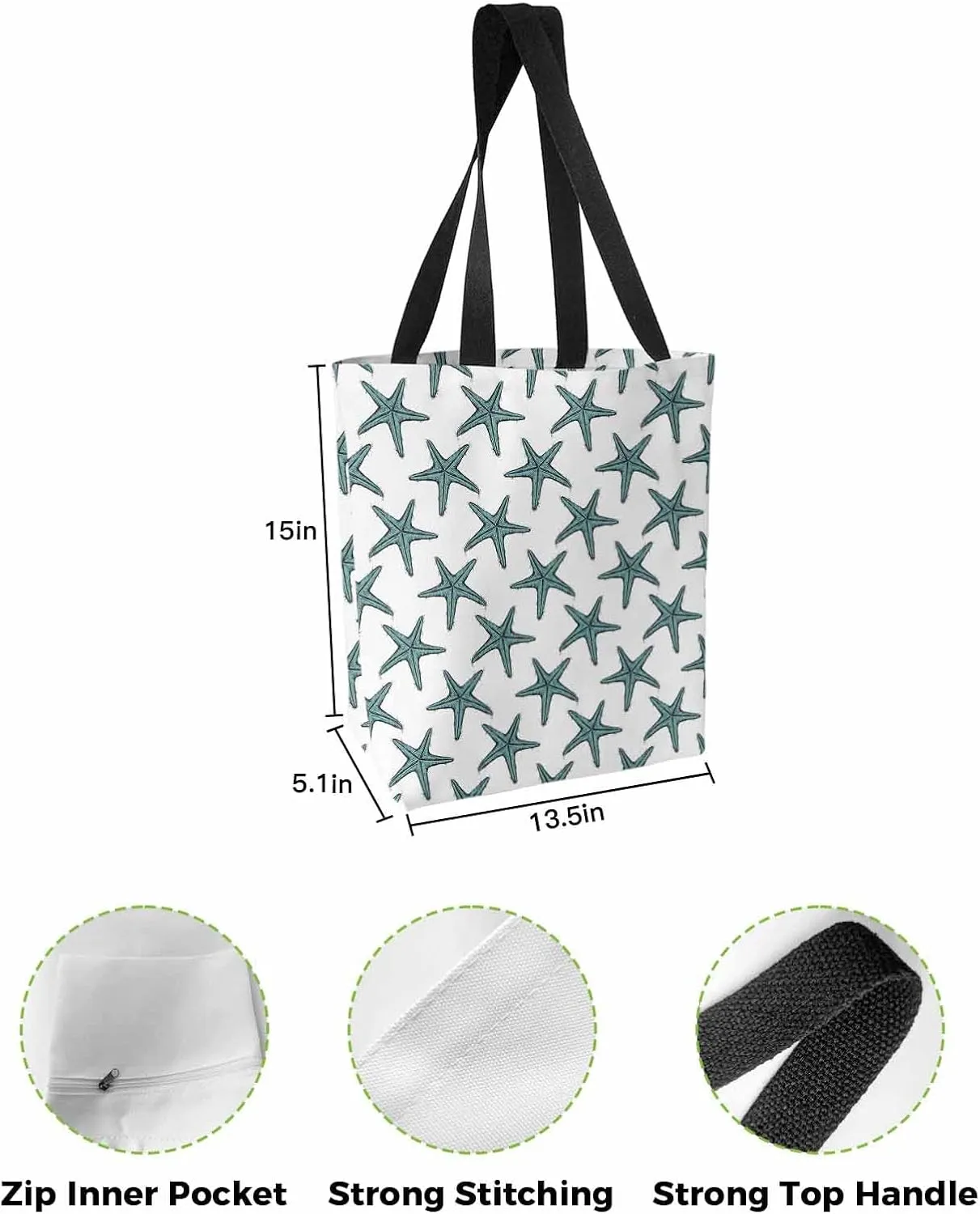 Starfish Canvas Tote Bag Summer Ocean Purple Starfish Shoulder Bag Casual Bag with Inner Pocket for Shopping Grocery Work