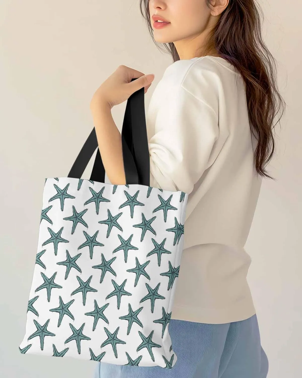 Starfish Canvas Tote Bag Summer Ocean Purple Starfish Shoulder Bag Casual Bag with Inner Pocket for Shopping Grocery Work
