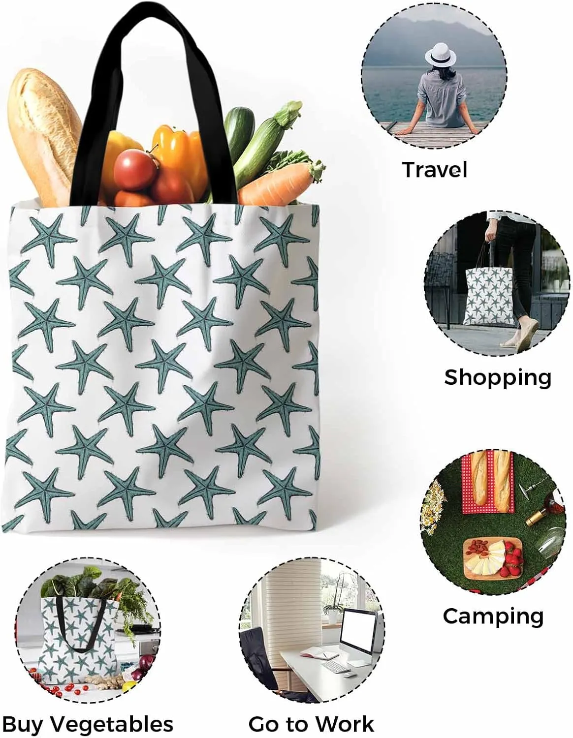 Starfish Canvas Tote Bag Summer Ocean Purple Starfish Shoulder Bag Casual Bag with Inner Pocket for Shopping Grocery Work