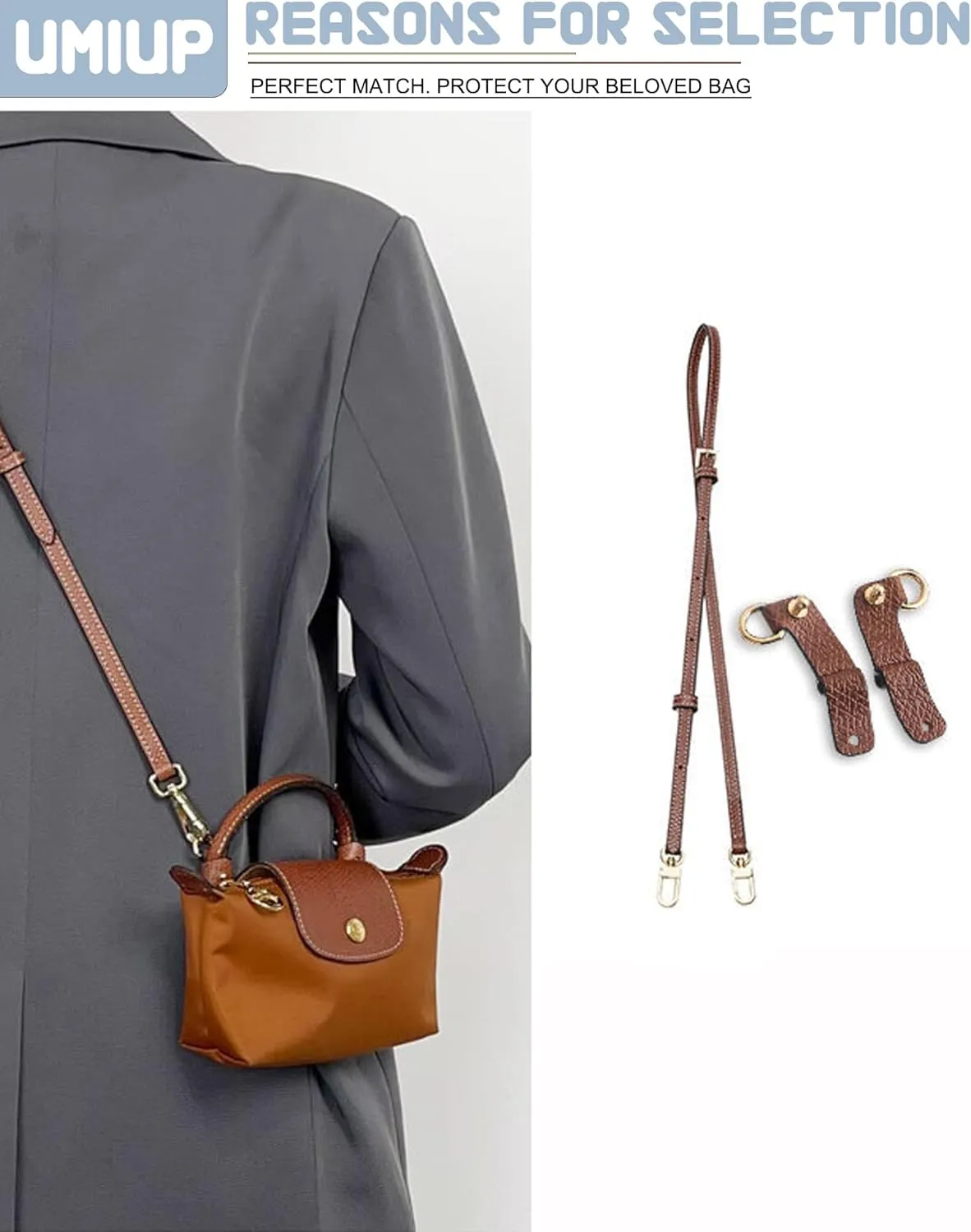 Straps Kit Compatible with Longchamp Mini Bags Shoulder Pouch, Leather Adjustable Purse Straps Crossbody Strap Compatible for Longchamp LP Xtra XS Pouch Conversion Kit GOLD Hardware Brown-Gold A