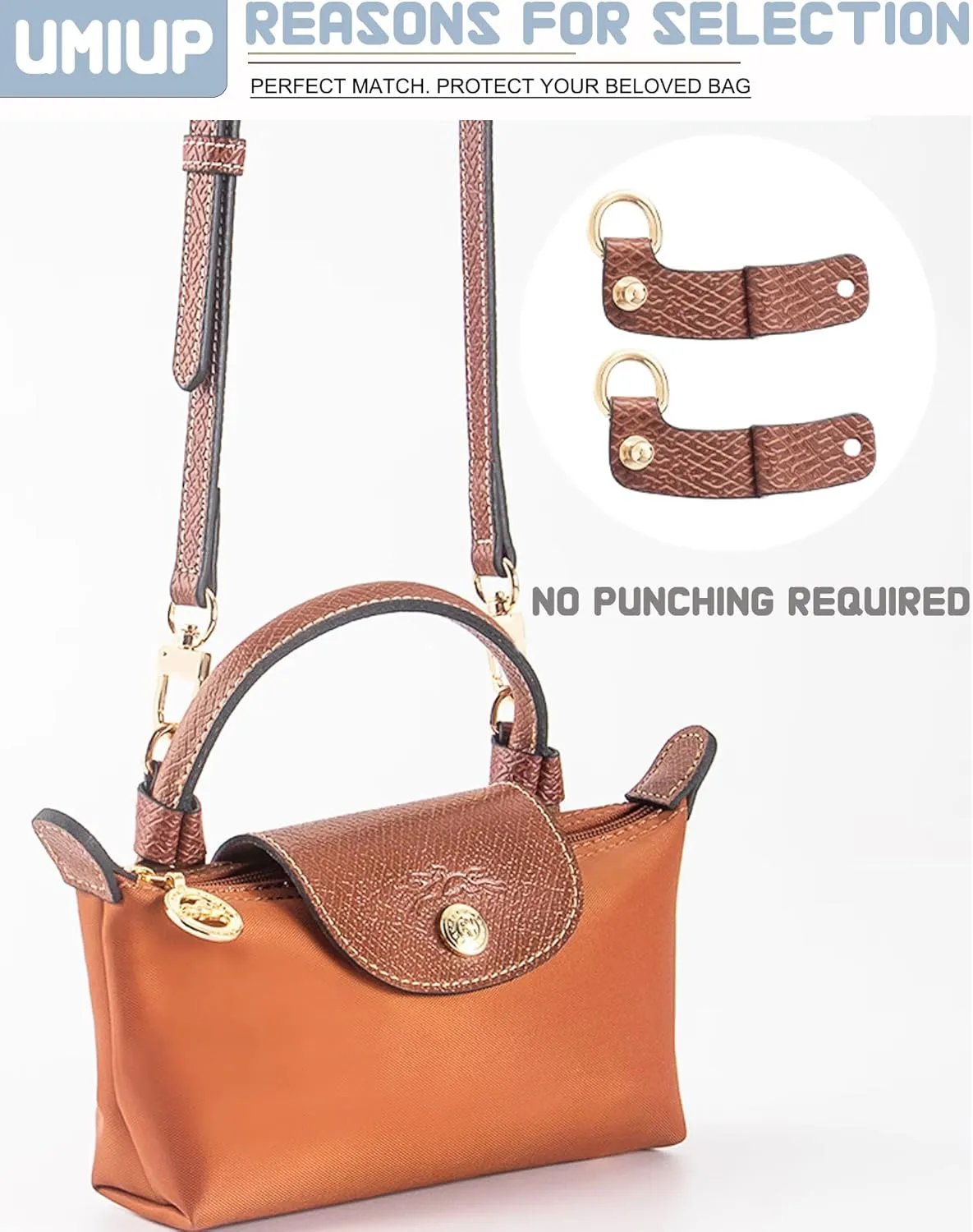 Straps Kit Compatible with Longchamp Mini Bags Shoulder Pouch, Leather Adjustable Purse Straps Crossbody Strap Compatible for Longchamp LP Xtra XS Pouch Conversion Kit GOLD Hardware Brown-Gold A