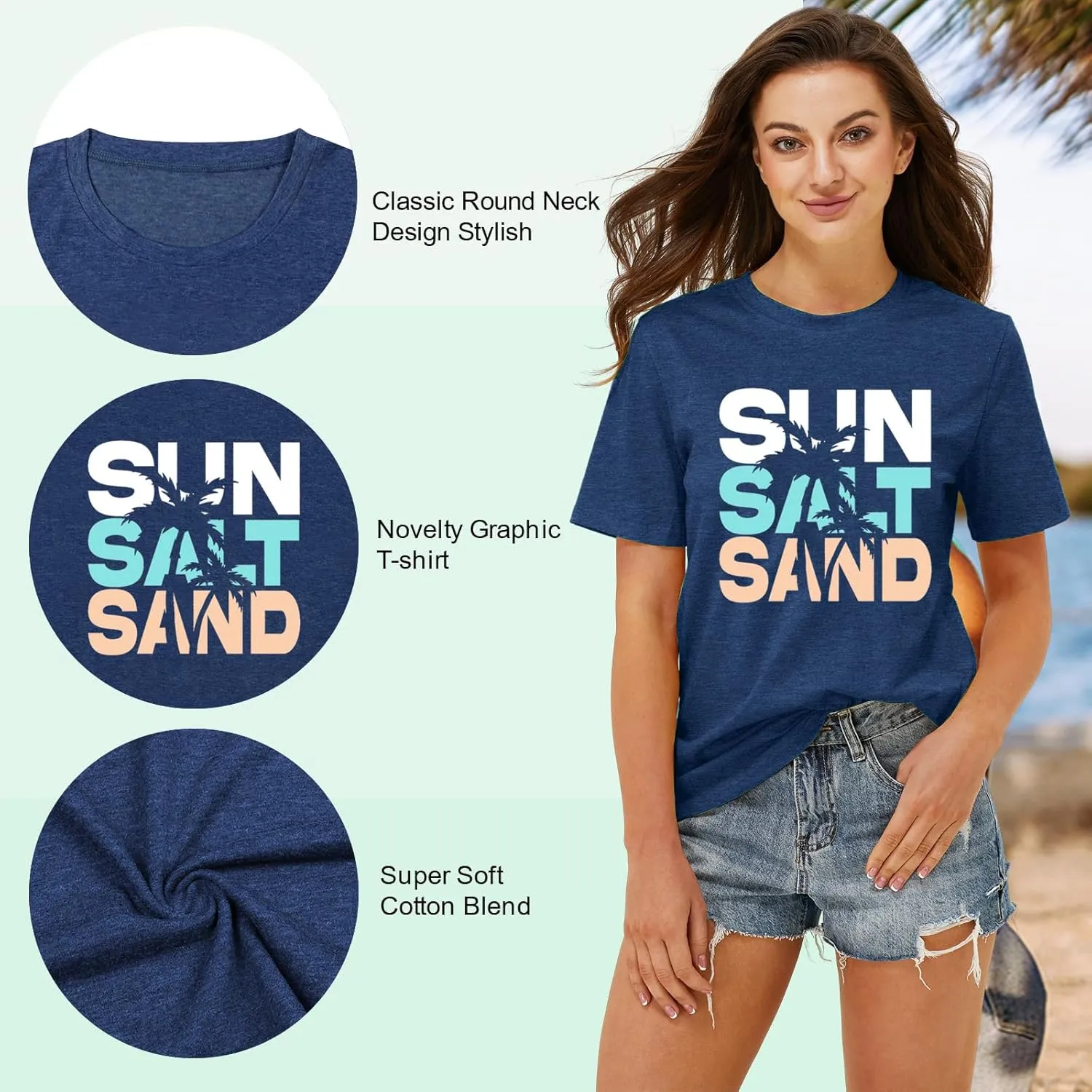 Summer Beach Graphic Tees for Women Sun Salt Sand Shirts Palm Tree Sunset Casual Vacation Tops