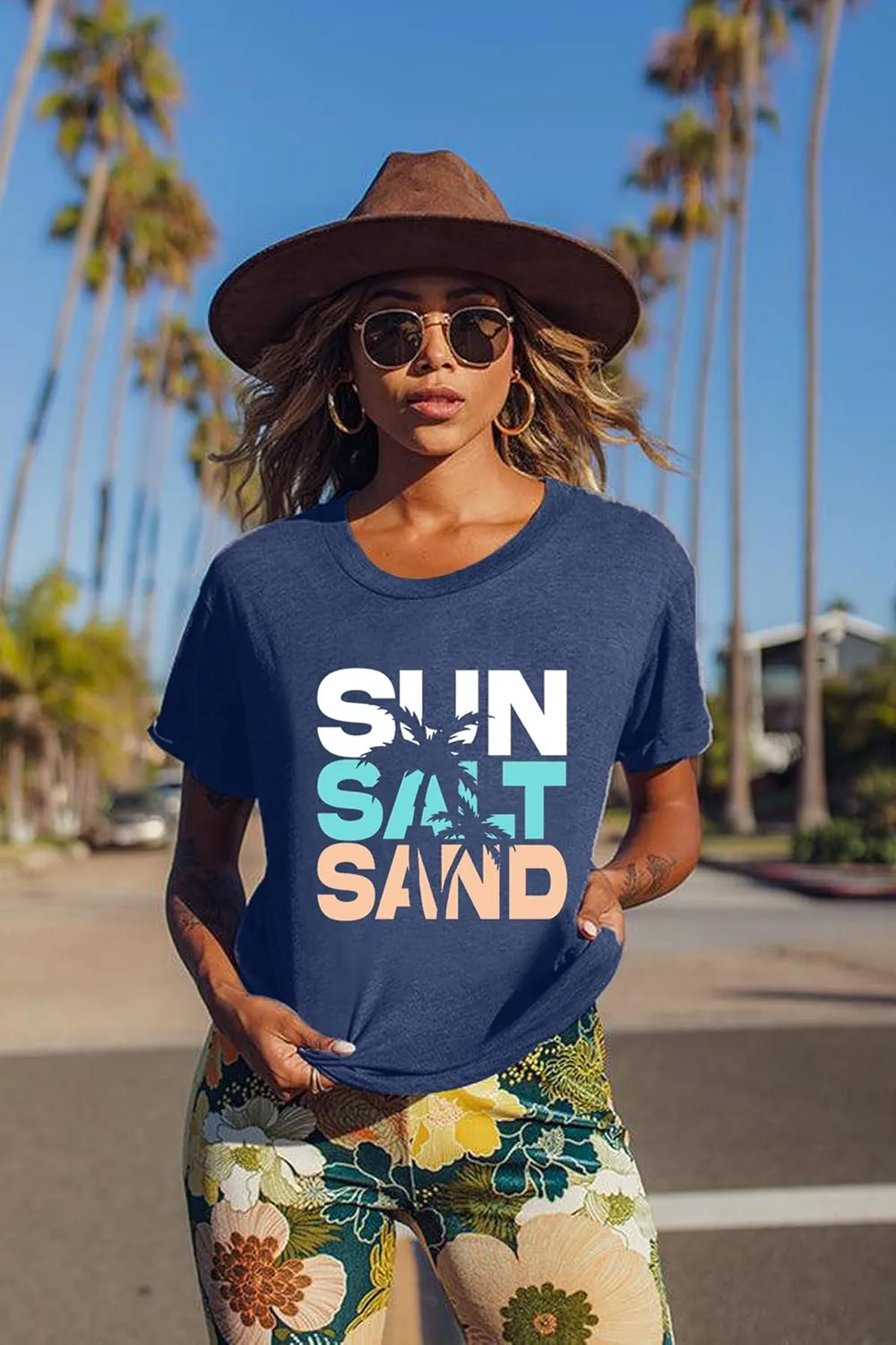 Summer Beach Graphic Tees for Women Sun Salt Sand Shirts Palm Tree Sunset Casual Vacation Tops