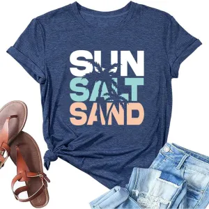 Summer Beach Graphic Tees for Women Sun Salt Sand Shirts Palm Tree Sunset Casual Vacation Tops