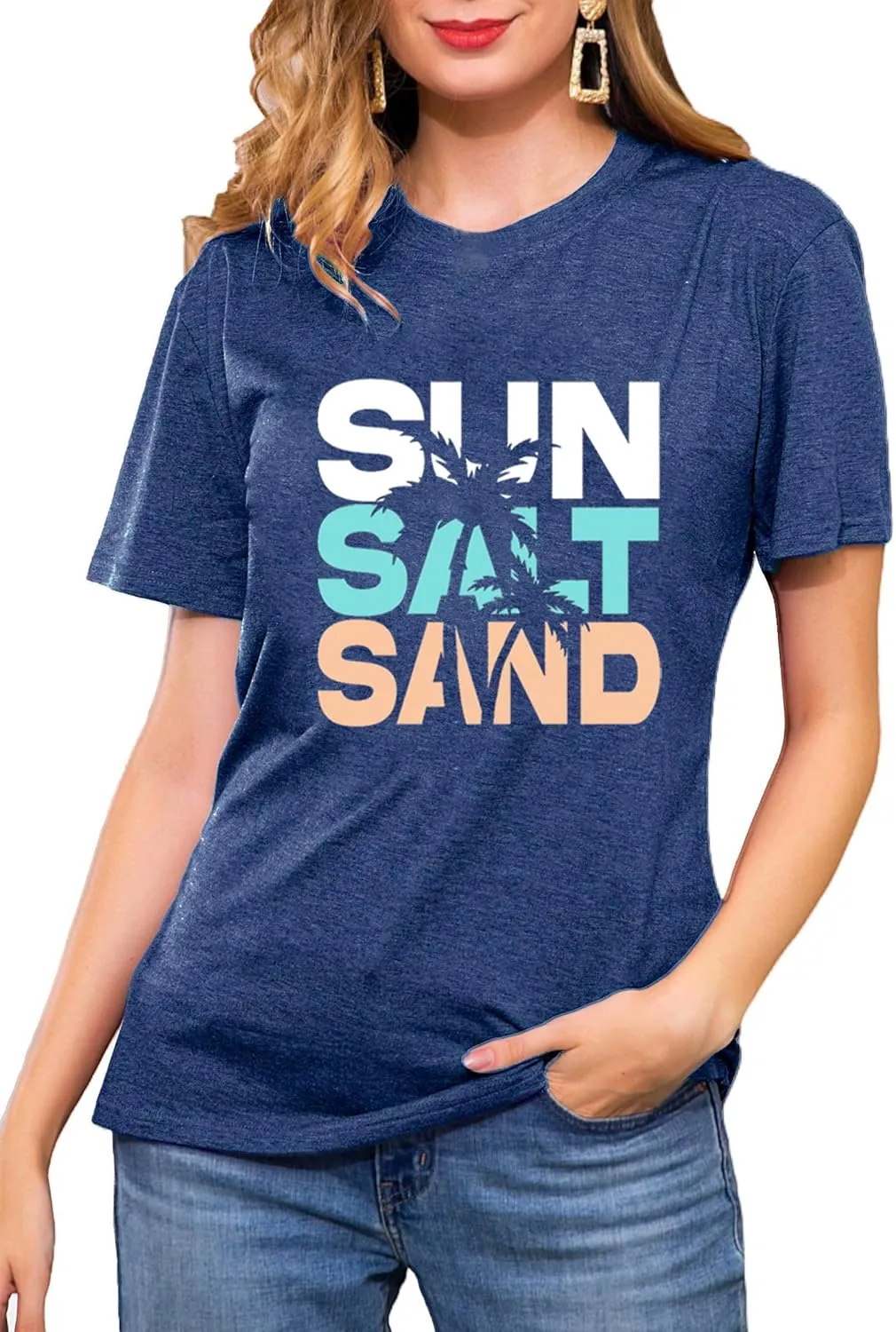 Summer Beach Graphic Tees for Women Sun Salt Sand Shirts Palm Tree Sunset Casual Vacation Tops