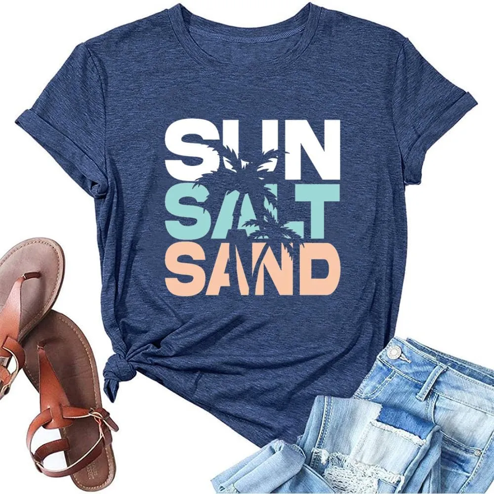 Summer Beach Graphic Tees for Women Sun Salt Sand Shirts Palm Tree Sunset Casual Vacation Tops