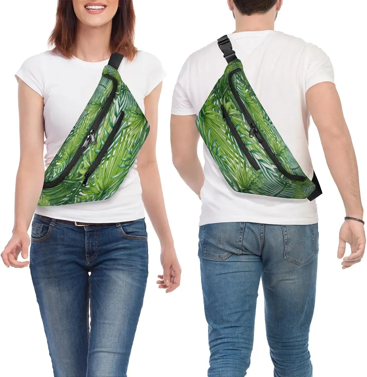 Summer Palm Leaf Crossbody Sling Bag for Women Men Crossbody Backpack with 4 Zipper Pockets Fanny Pack Shoulder Casual Daypack for Travel Running Hiking Cycling