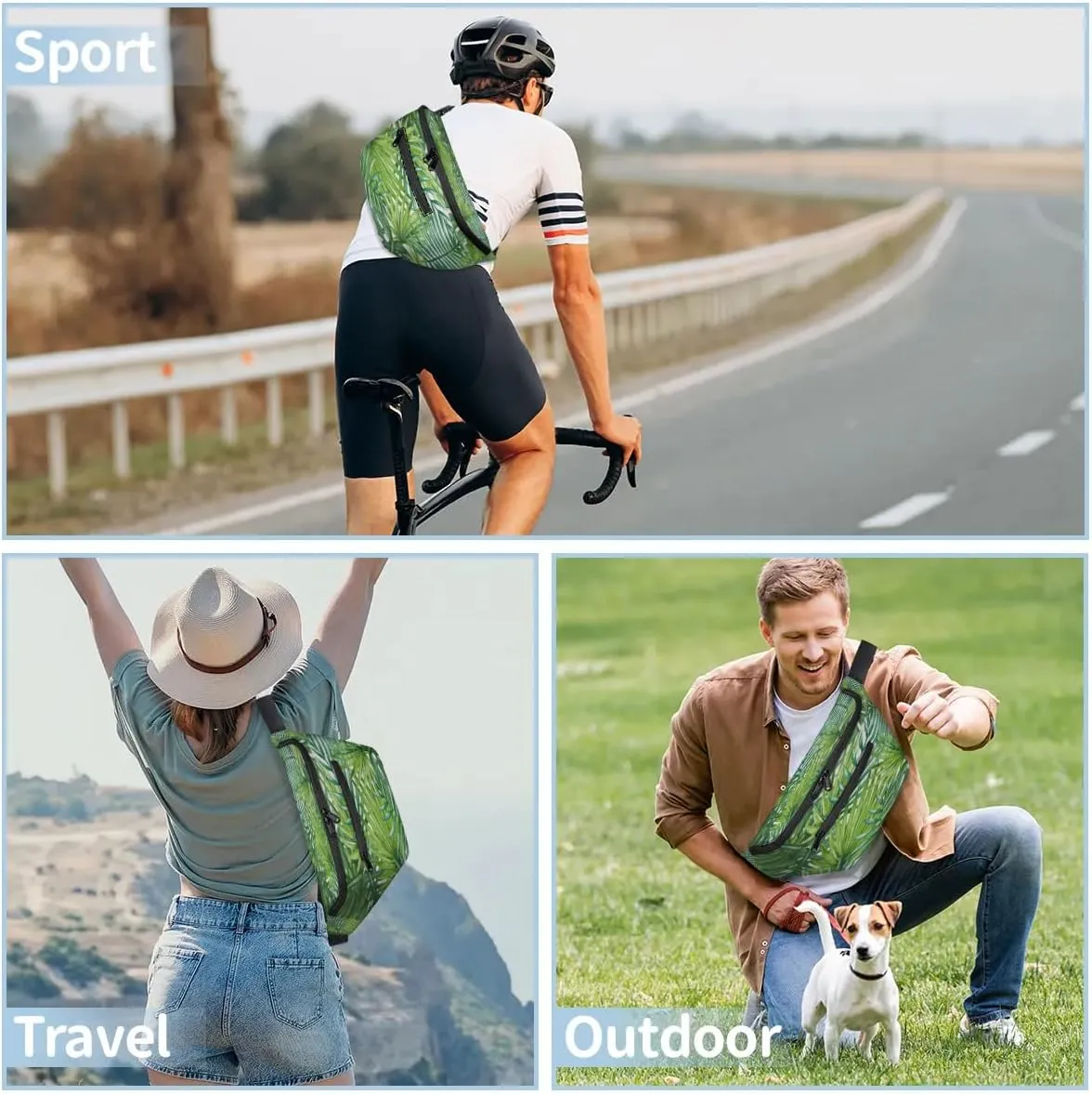 Summer Palm Leaf Crossbody Sling Bag for Women Men Crossbody Backpack with 4 Zipper Pockets Fanny Pack Shoulder Casual Daypack for Travel Running Hiking Cycling