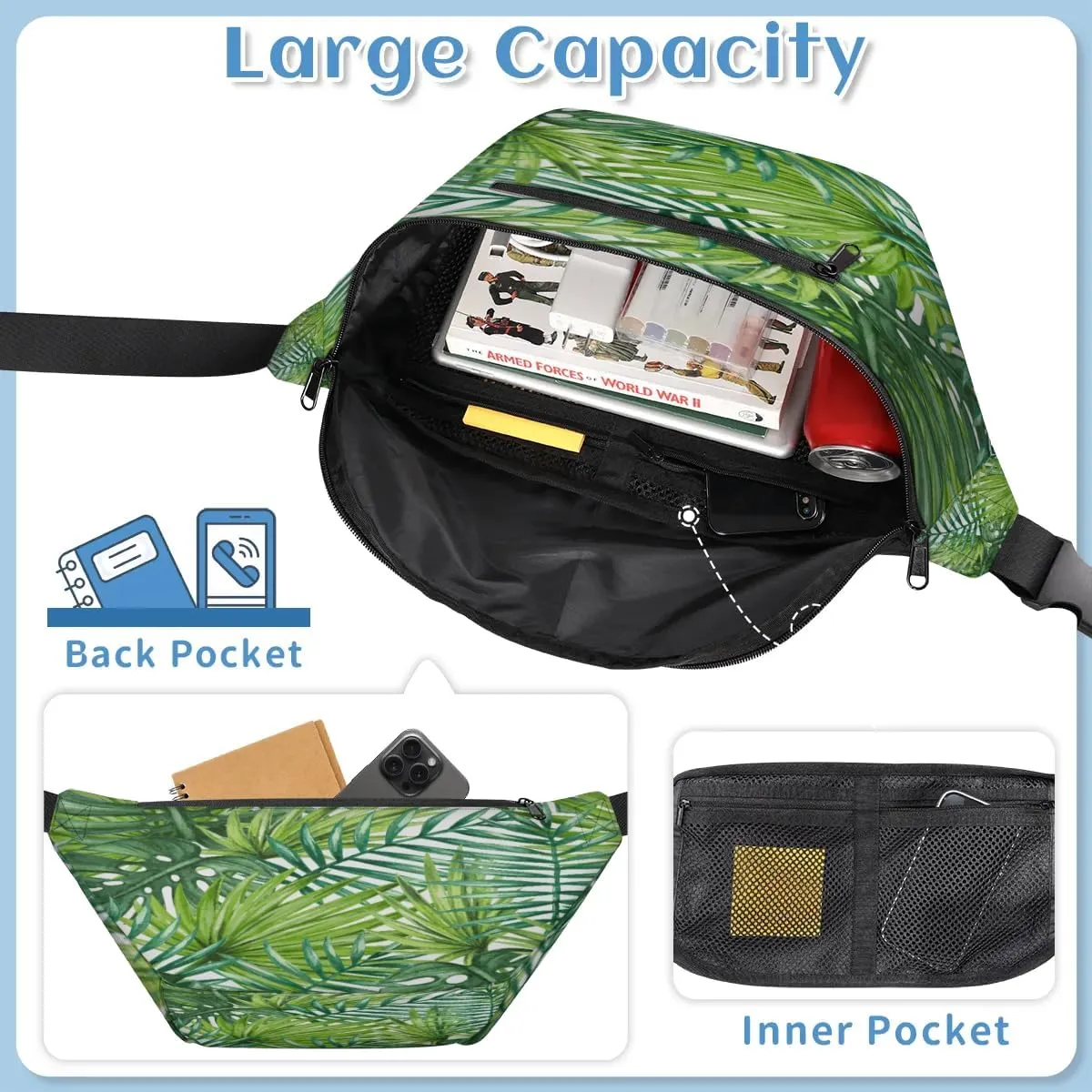 Summer Palm Leaf Crossbody Sling Bag for Women Men Crossbody Backpack with 4 Zipper Pockets Fanny Pack Shoulder Casual Daypack for Travel Running Hiking Cycling