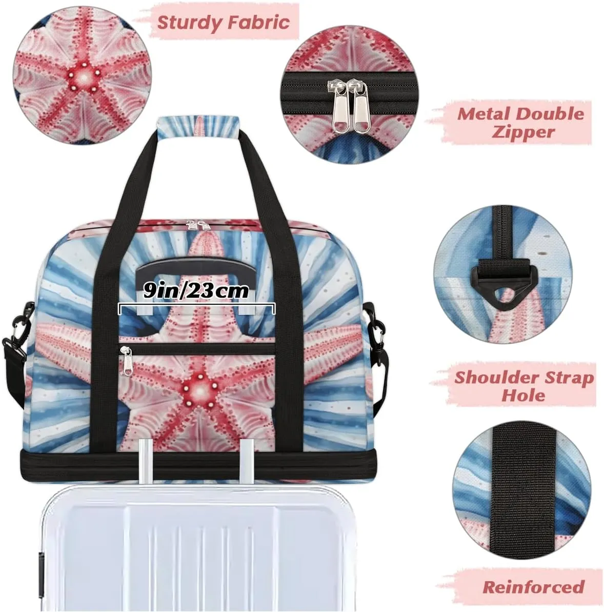 Summer Sand Starfish Foldable Duffle Bag with Shoes Compartment Large Capacity Waterproof Travel Weekender Bag Overnight Bag for Sports Gym