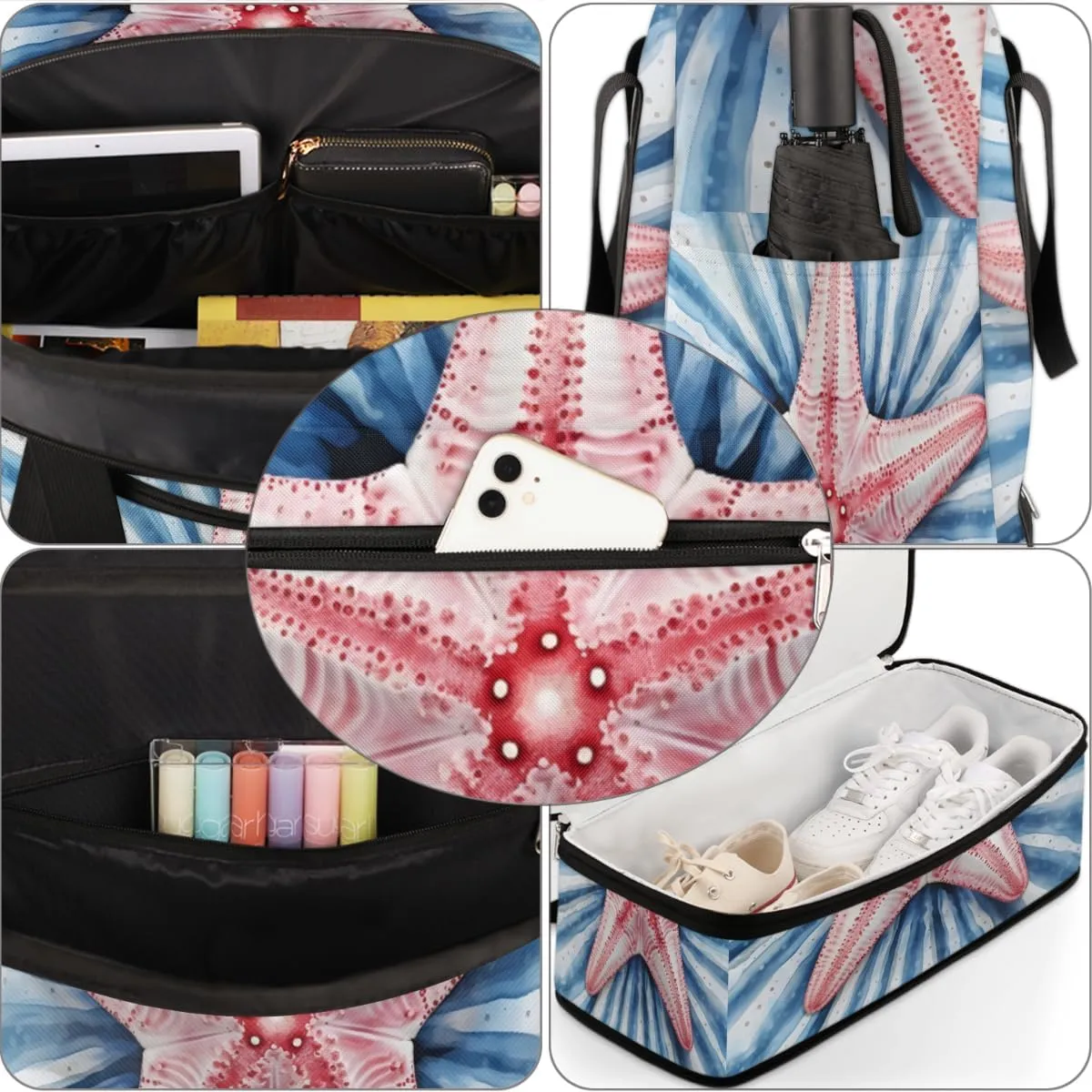 Summer Sand Starfish Foldable Duffle Bag with Shoes Compartment Large Capacity Waterproof Travel Weekender Bag Overnight Bag for Sports Gym