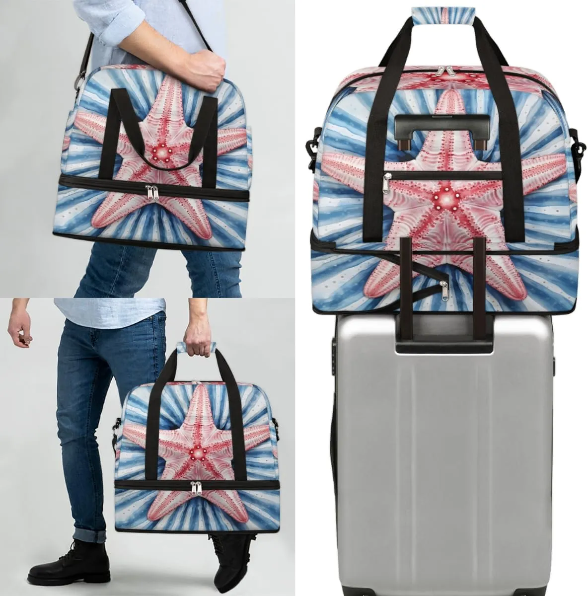 Summer Sand Starfish Foldable Duffle Bag with Shoes Compartment Large Capacity Waterproof Travel Weekender Bag Overnight Bag for Sports Gym
