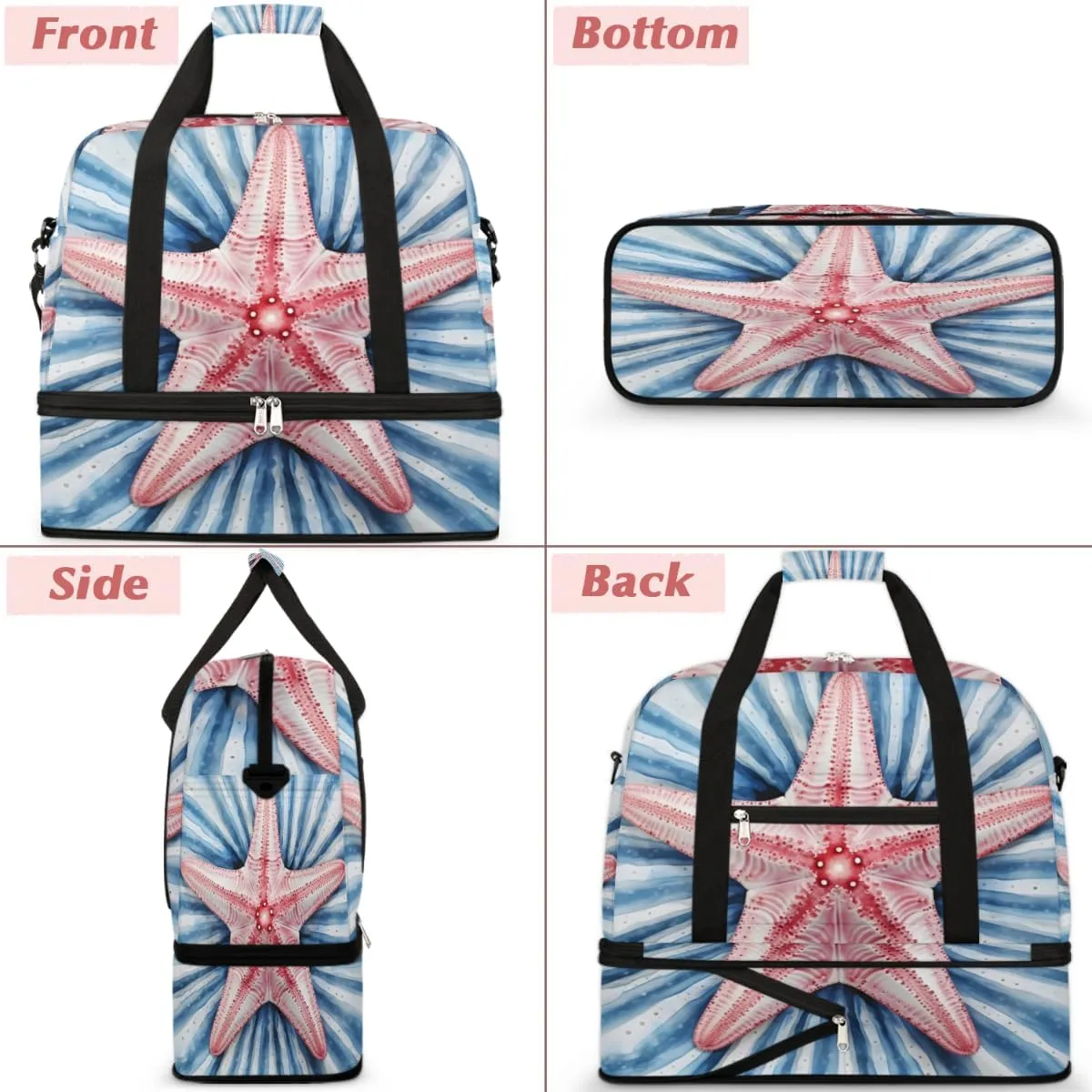 Summer Sand Starfish Foldable Duffle Bag with Shoes Compartment Large Capacity Waterproof Travel Weekender Bag Overnight Bag for Sports Gym