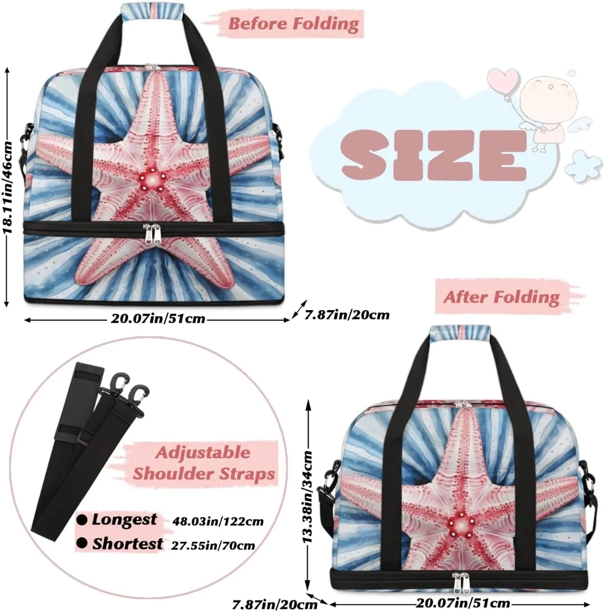 Summer Sand Starfish Foldable Duffle Bag with Shoes Compartment Large Capacity Waterproof Travel Weekender Bag Overnight Bag for Sports Gym