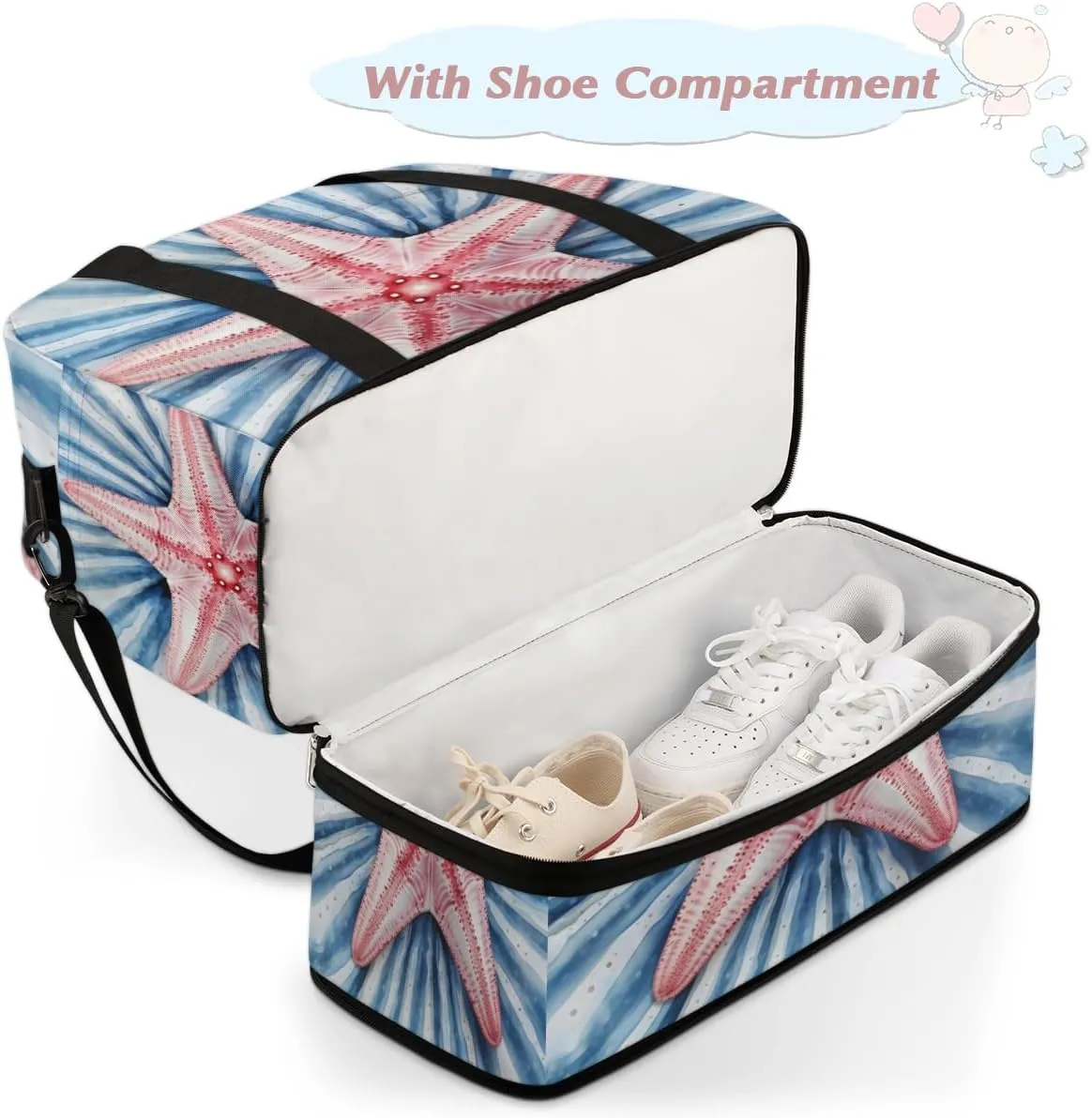 Summer Sand Starfish Foldable Duffle Bag with Shoes Compartment Large Capacity Waterproof Travel Weekender Bag Overnight Bag for Sports Gym