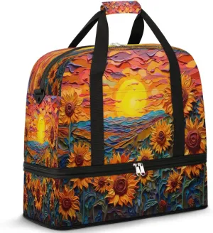 Sunflower Sunset Travel Duffel Bag, Travel Essentials, Gym Bag for Women, Weekender Overnight Bag With Shoes Compartment, Carry On Bags for Airplanes
