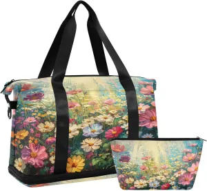 Sunlight Wildflowers Gym Bag for Women Sport Travel Duffel Bag Shoulder Weekender Overnight Bags with Wet Pocket & Shoe Compartment